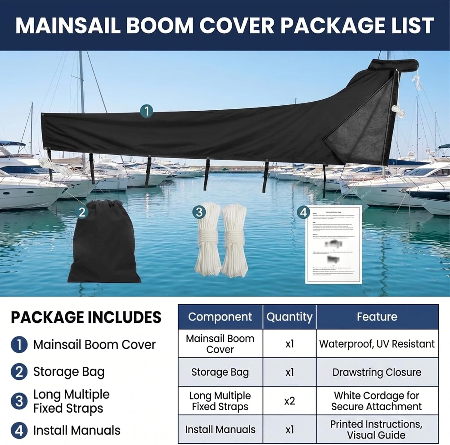 Mainsail Boom Cover for Sailboats, 1200D Waterproof UV-Resistant Sailboat Mainsail Cover, Waterproof, Heavy Duty Sailboat Boom Cover Fits 10-11 ft Boom, Black - Image 6