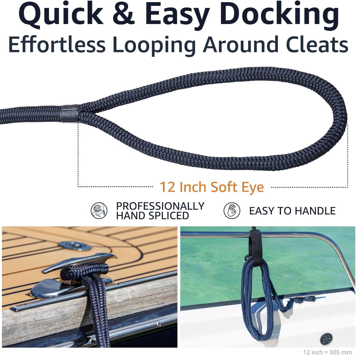 Double Braid 1/2" x 15' Boat Dock Lines (4-Pack) – Nylon Boat Ropes for Docking with 12" Spliced Eye – Heavy Duty Marine Rope – Soft & Durable Boat Lines for Pontoon and Light Boat (Navy Blue) - Image 4