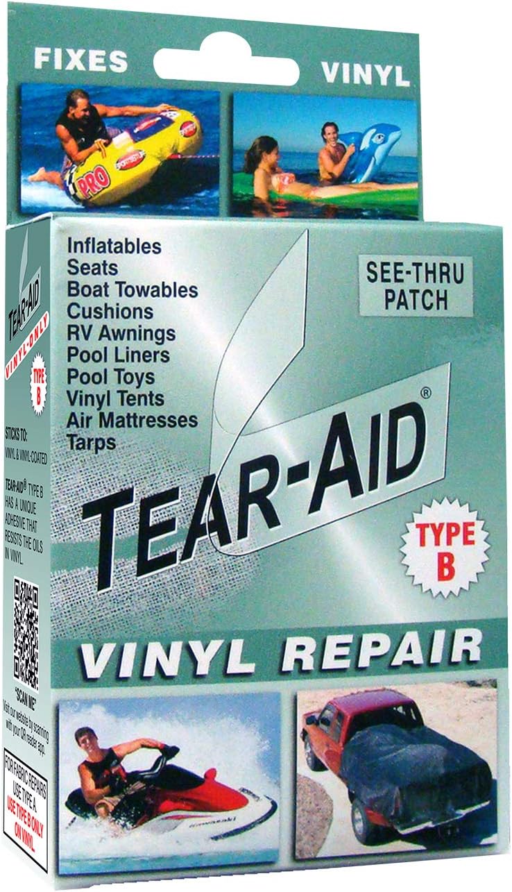 TEAR-AID Vinyl Repair Kit, Type B Clear Patch for Vinyl-Coated Materials, Works on Tents, Awnings, Air Matresses, Pool Liners and More, Green Box, Single Pack | automotive-vinyl-protectants