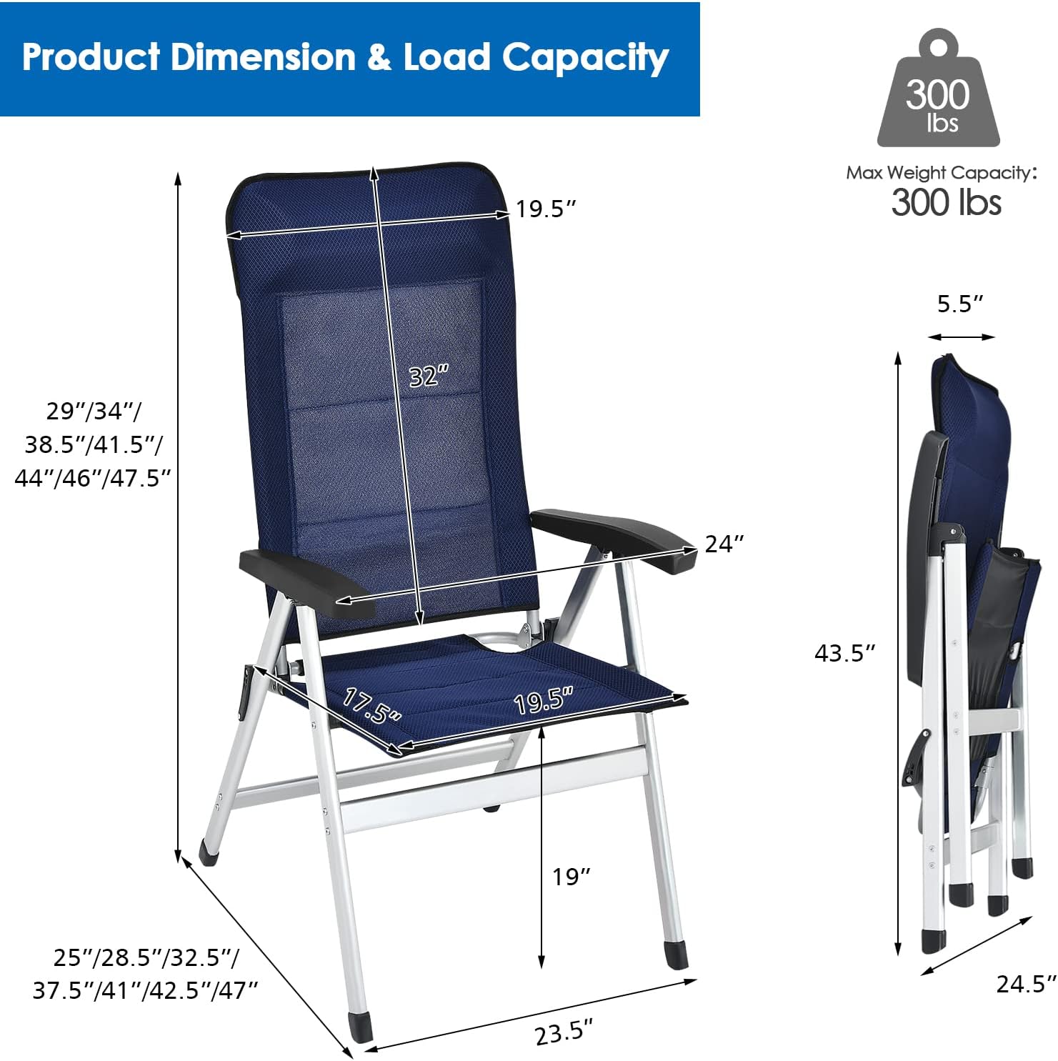 Tangkula Set of 2 Patio Folding Chairs, Portable Reclining Chairs with 7-Position Adjustable Back & Padded Headrest, Outdoor Indoor High Back Chaise Lounge Armchair for Poolside, Yard, Lawn, Navy - Image 3