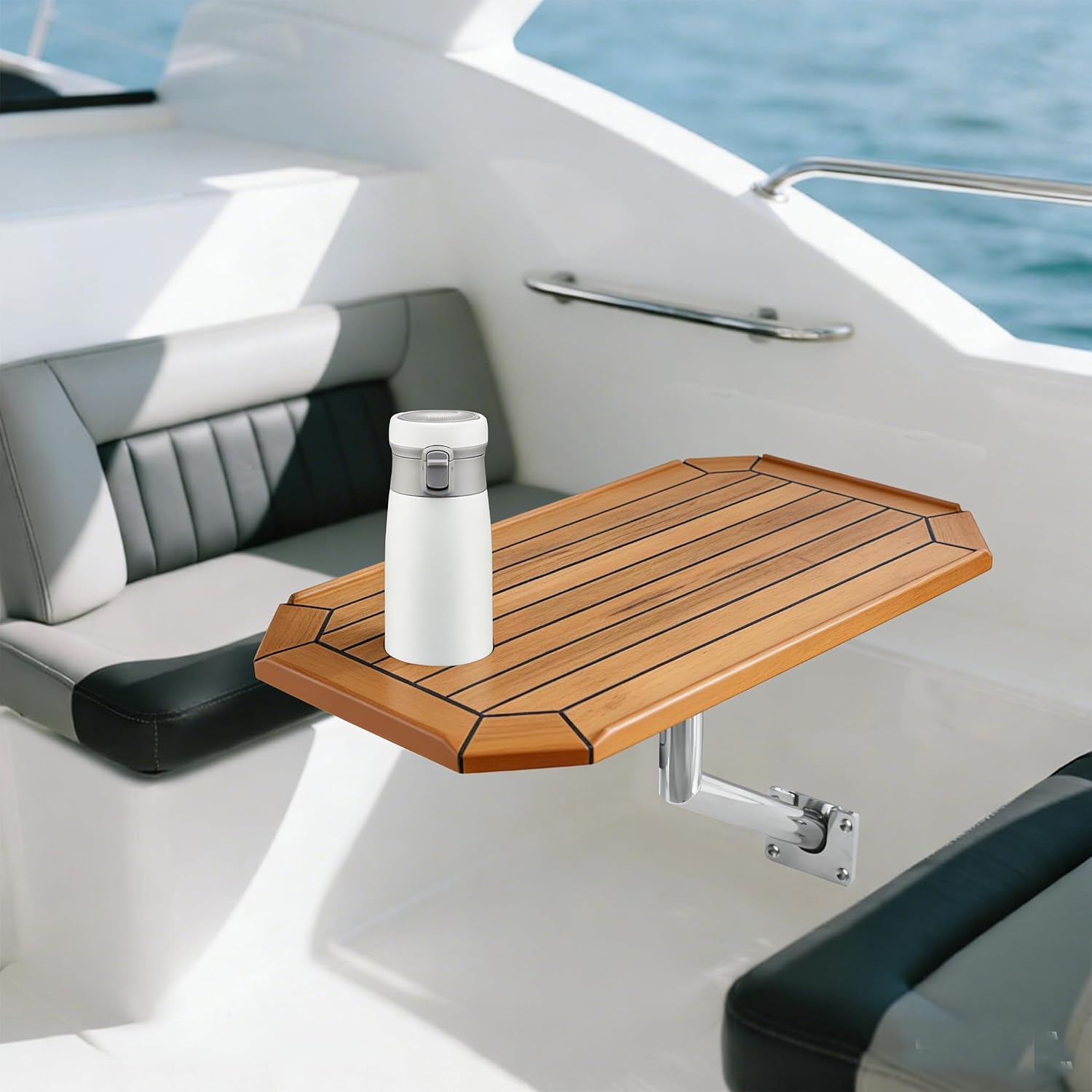 Wall-Mounted Teak Table, Removable and Adjustable Direction Marine Table, Wall-Mounted Dining Table, Burmese Teak with Stainless Steel Legs, Suitable for RVs and Boats. - Image 2