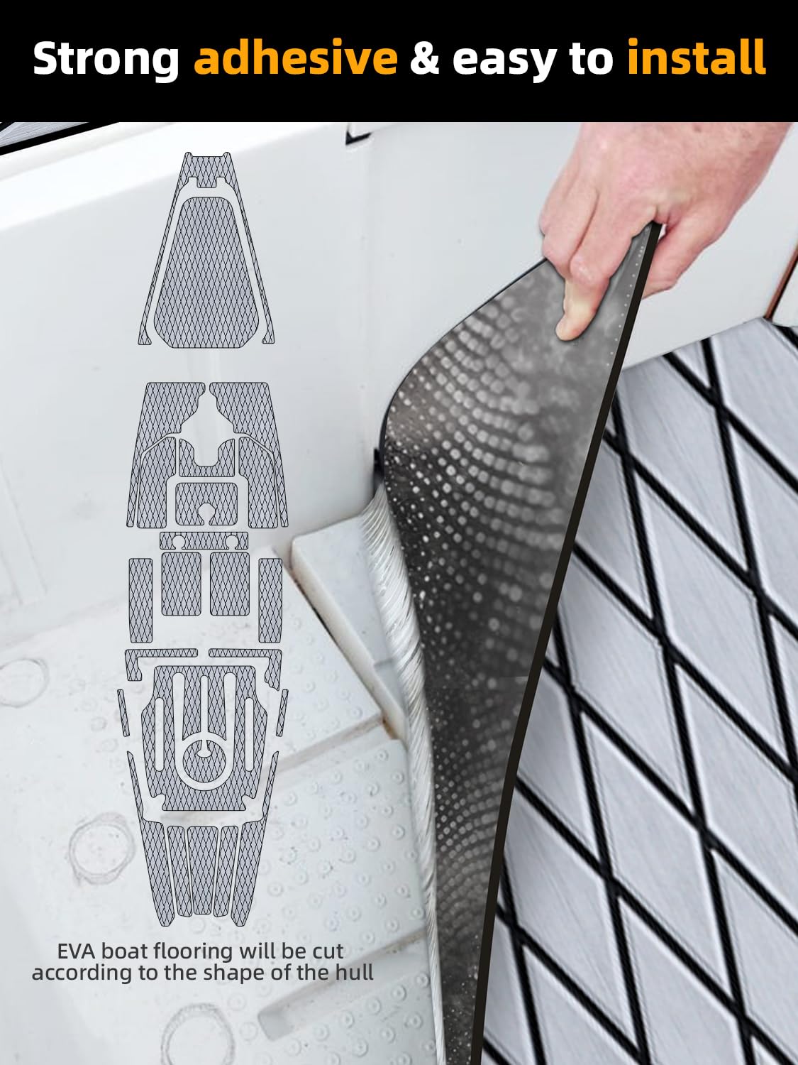 FOCEAN Boat Flooring EVA Foam Boat Decking Marine Mat Non-Slip Self-Adhesive Flooring Sheet for Motorboat Jon Boats Bass Boat Kayak RV Floor, 94.5''x 15.7'', Grey with Black Lines - Image 3