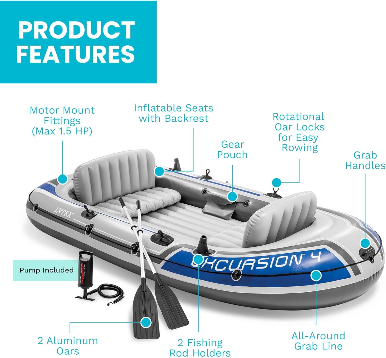 Intex 68324EP Excursion 4 Inflatable Boat Set: Includes Deluxe 54in Boat Oars and High-Output Pump – Adjustable Seats with Backrest – Fishing Rod Holders – 4-Person – 1100lb Weight Capacity - Image 5