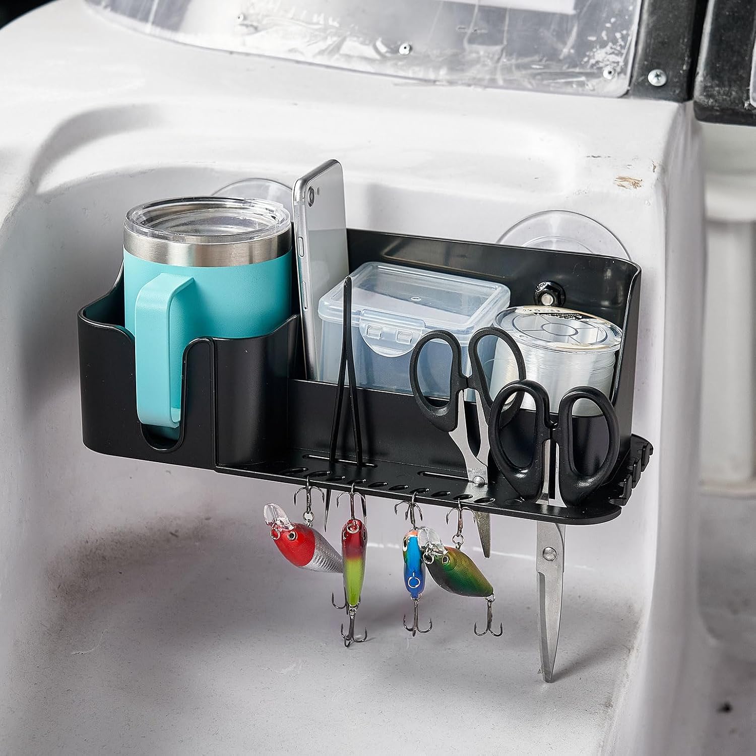 KEMIMOTO Boat Cup Holder, Caddy Organizer Installed With Screws/Suction Cups on Any Flat Surface, Storage Organizer, Cockpit Storage Box Marine Cup Holder for Bass Kayak Jon Pontoon Boat Accessories - Image 7