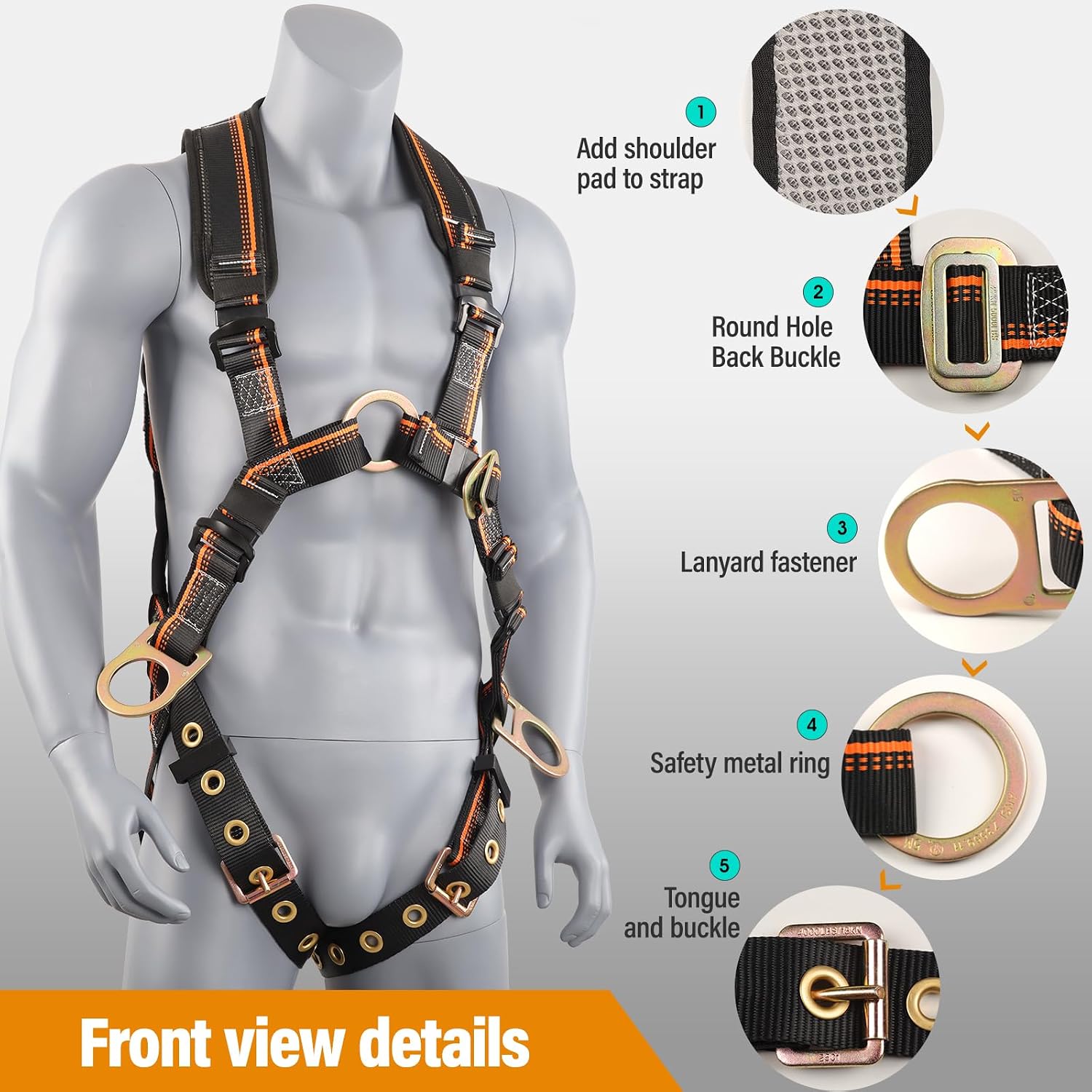 Full Body Safety Harness & Fall Protection Kit with Padded Straps, ANSI Compliant, Includes Shock-Absorbing Lanyard for Roofing, Construction and Industrial Use - Image 2