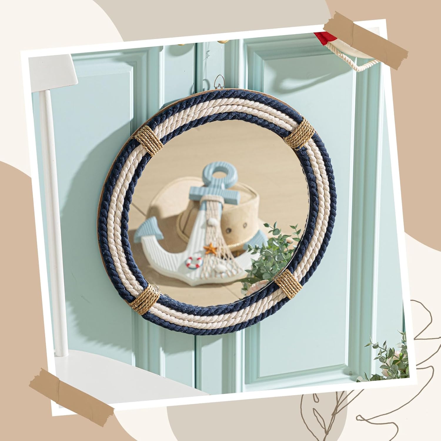 Vercraft Nautical Coastal Mirror 16" Wall Decor with Rope Wrapped Trim and Hanging Loop Round Circle Nursery Mirror Nautical Boho Rustic Decorative for Living Room, Bedroom Blue and White - Image 4