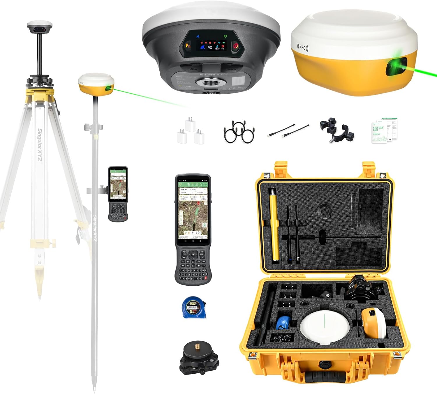 E1 Pro-L1 Laser GPS Rover RTK & Base Station GNSS RTK Survey System, 1.1" HD Screen, AR Stakeout, 2cm Accuracy, 15km UHF, BT/NFC/PPK/NTRIP, Work as Base for Drones (Includes Tribrach)