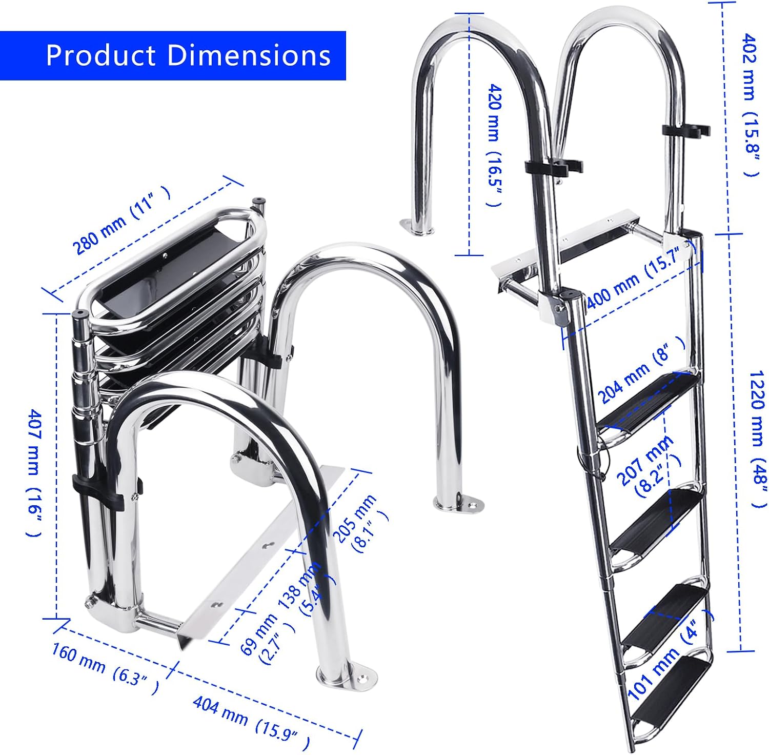 Heavy Duty Pontoon Boat Ladder, 316 Stainless Steel 4 Step Folding Ladder | Telescoping, Rear Entry Inboard, All Welded Reinforce, Wide Steps, Strong Handrails,Inboard Ladder, Dock Swim Deck Ladder - Image 2