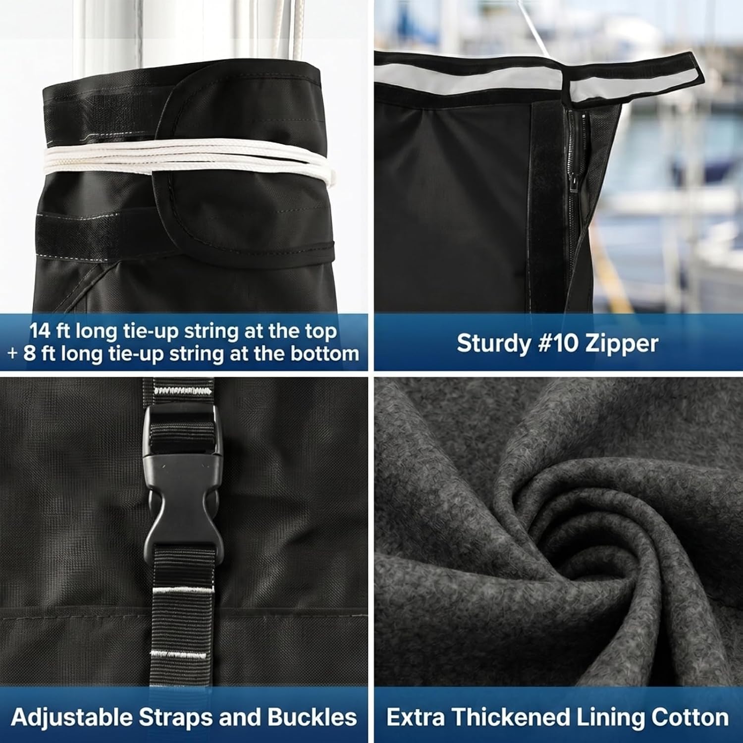 Mainsail Boom Cover for Sailboats, 1200D Waterproof UV-Resistant Sailboat Mainsail Cover, Waterproof, Heavy Duty Sailboat Boom Cover Fits 10-11 ft Boom, Black - Image 5