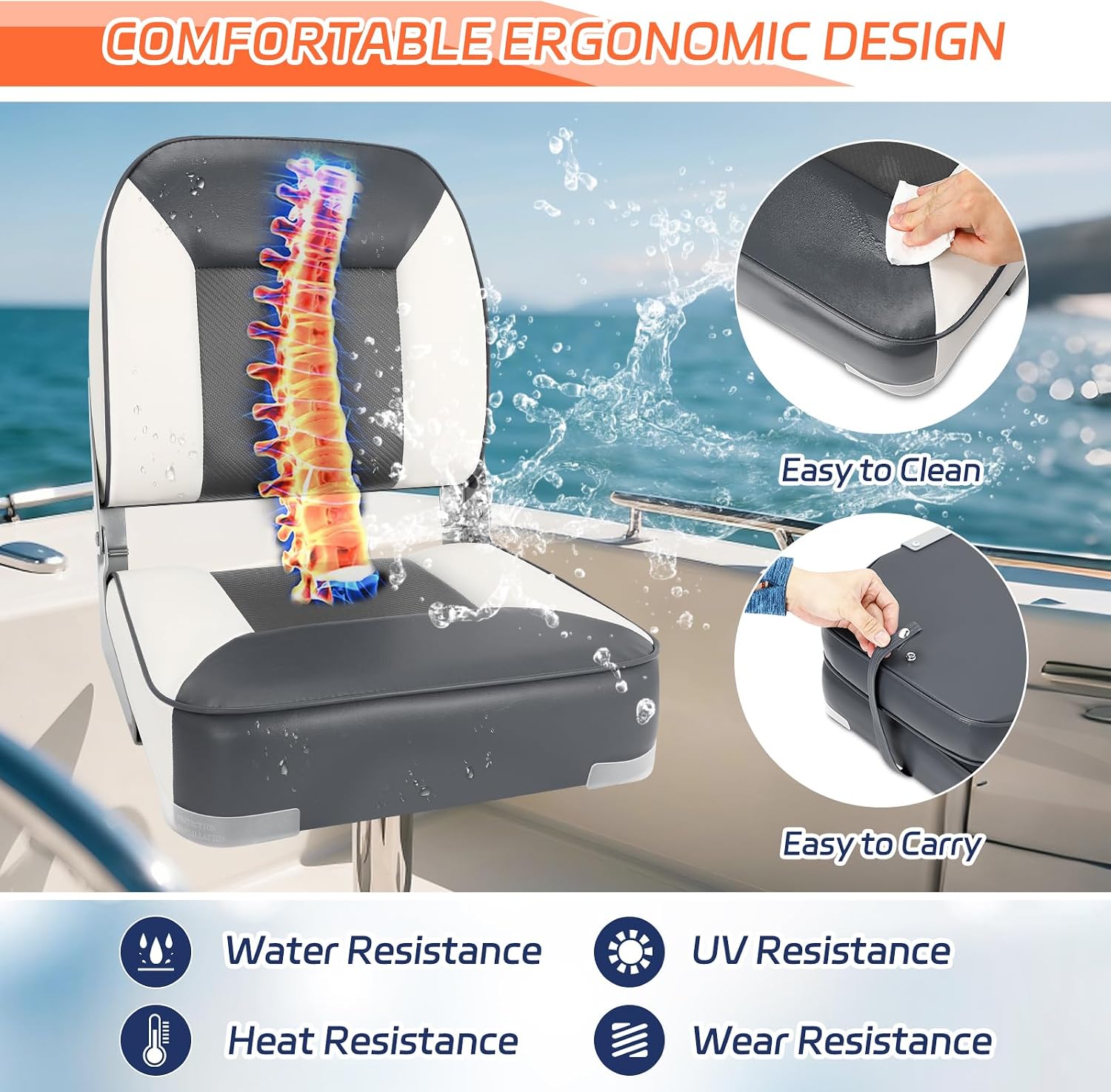 Boat Seats 2 Pack, Skureay Low/High Back Fishing Folding Boat Seat Waterproof Captain Boat Chair,Boatseat 2 Pack Suitable for Jon/Pontoon/Canoe/Bass Tracker Boat seats-UNIQUE Color Design (Gray/White) - Image 6