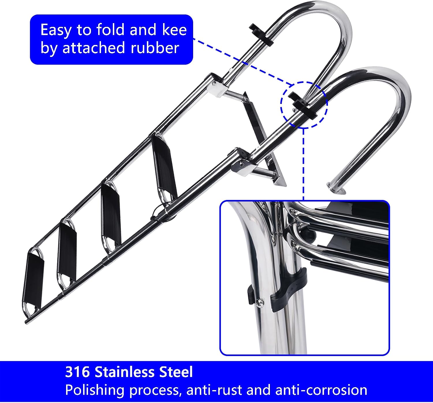 Heavy Duty Pontoon Boat Ladder, 316 Stainless Steel 4 Step Folding Ladder | Telescoping, Rear Entry Inboard, All Welded Reinforce, Wide Steps, Strong Handrails,Inboard Ladder, Dock Swim Deck Ladder - Image 6