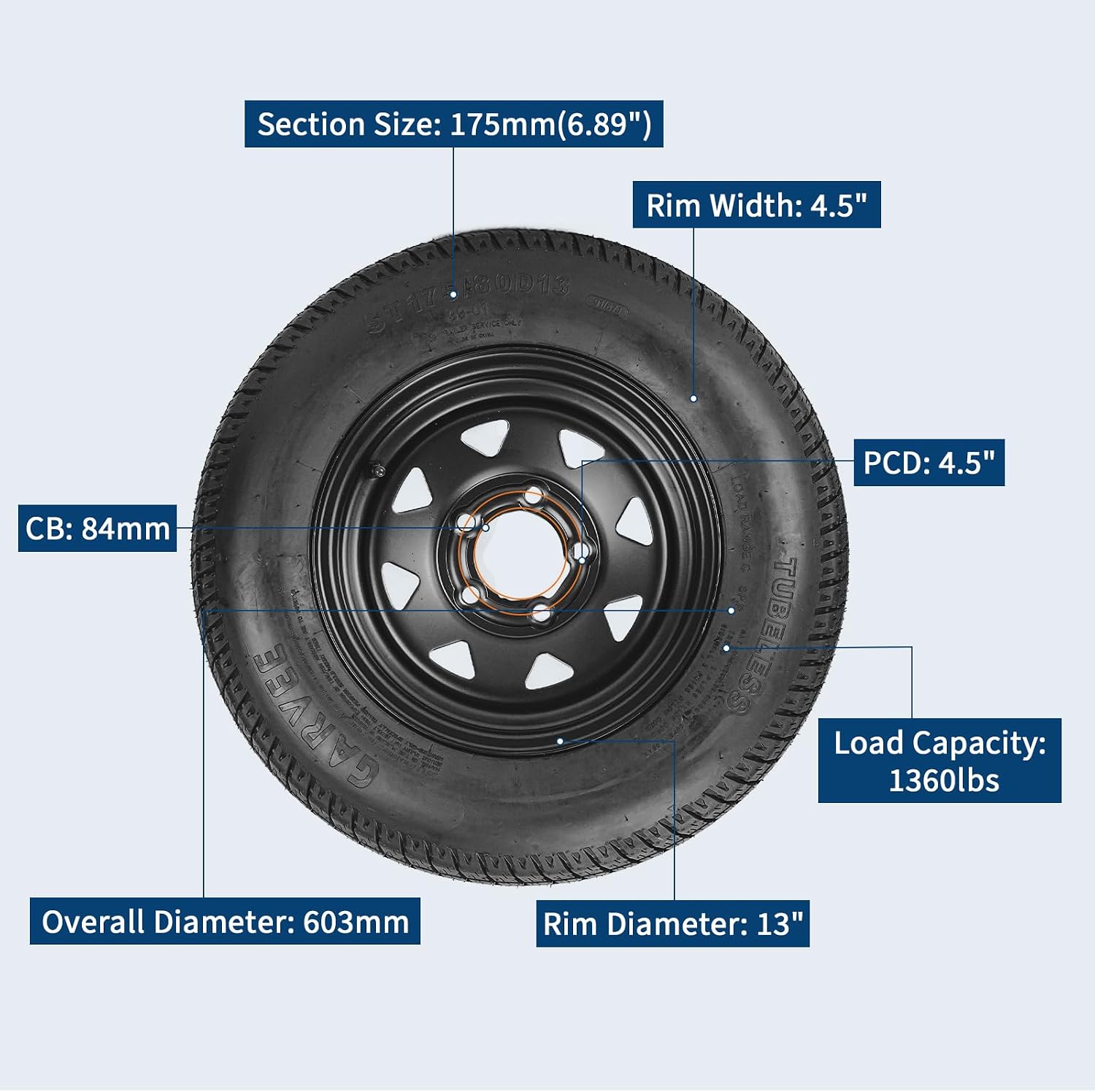 GarveeTech 2-Pack Trailer Tire On Rim ST175/80D13 Trailer Tires and Wheels 5 Lug on 4.5 in PCD Trailer Tires with 13 in Rims Load Range C 6PR Black | ST175/80D13 Trailer Tires and Wheels 5 Lug on 4.5 in PCD Trailer Tires with 13 in Rims Load Range C 6PR Black - Image 2