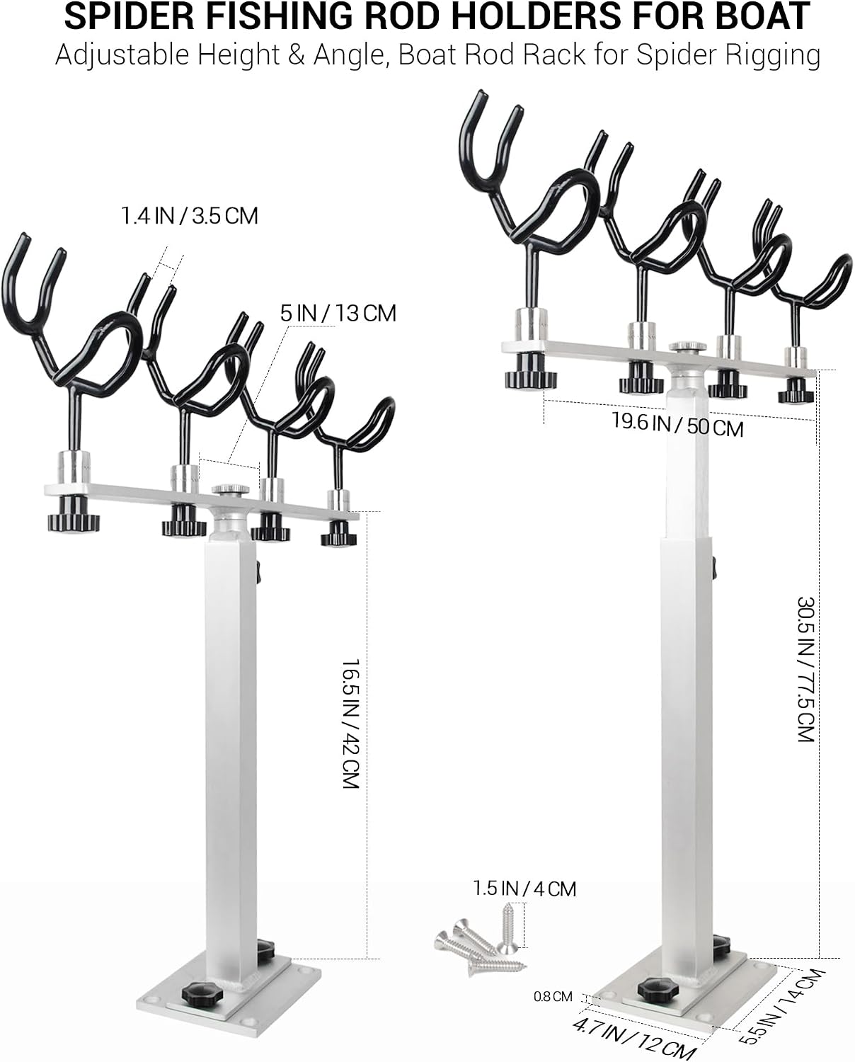 Aluminum Spider Rigging Rod Holder for Boat - 4 Pole Crappie Fishing Rack, Heavy Duty 6063-T5 Marine Grade Aluminum, 16.5"-30.5" Adjustable Height Square Tube Support for Catfish & Trolling - Image 2