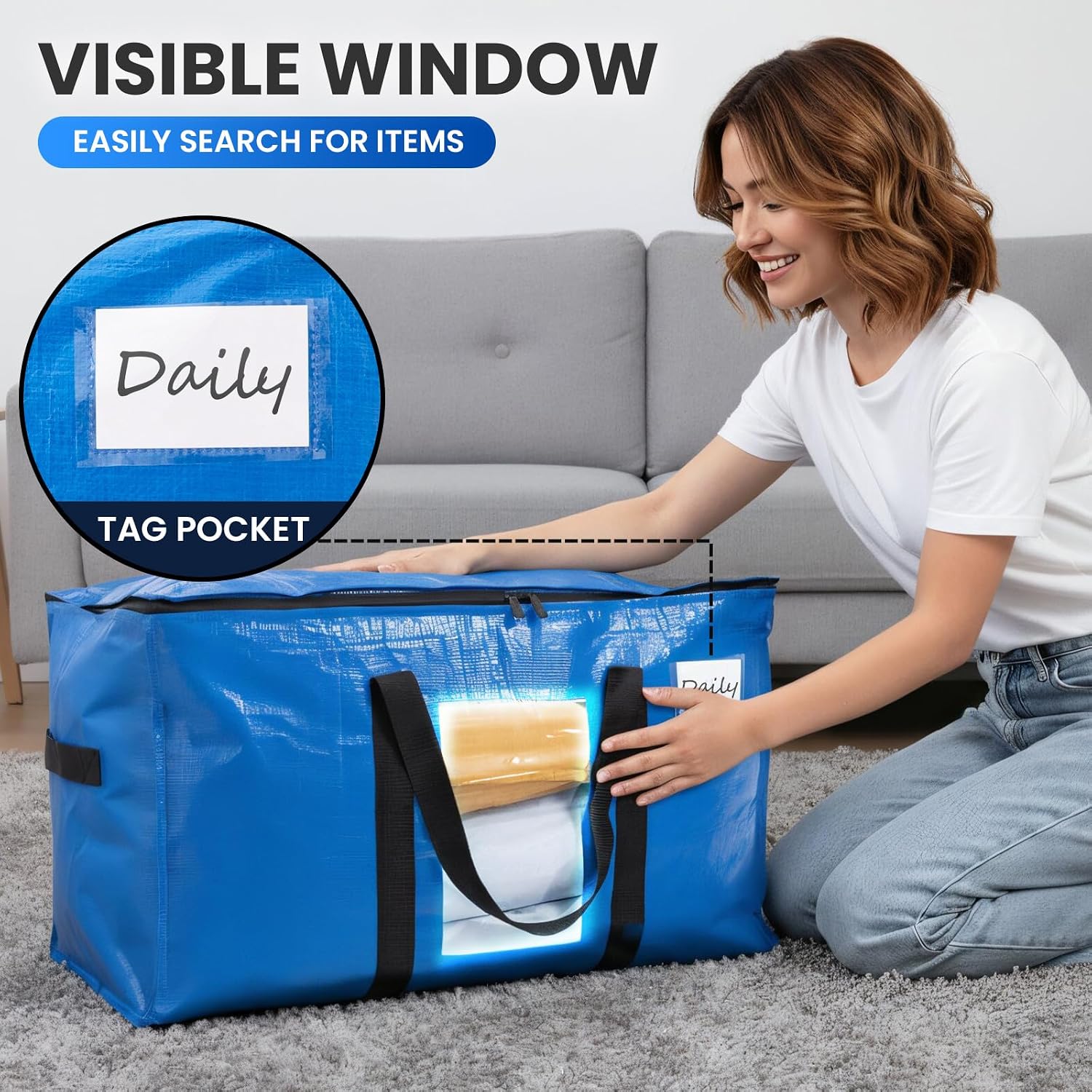 TAILI Extra Large Moving Bags, 4 Pack Blue Heavy Duty Totes For Storage with Visible Window, Wrap Around Handles, Storage Bags for Space Saving, Alternative to Moving Boxes - Image 5