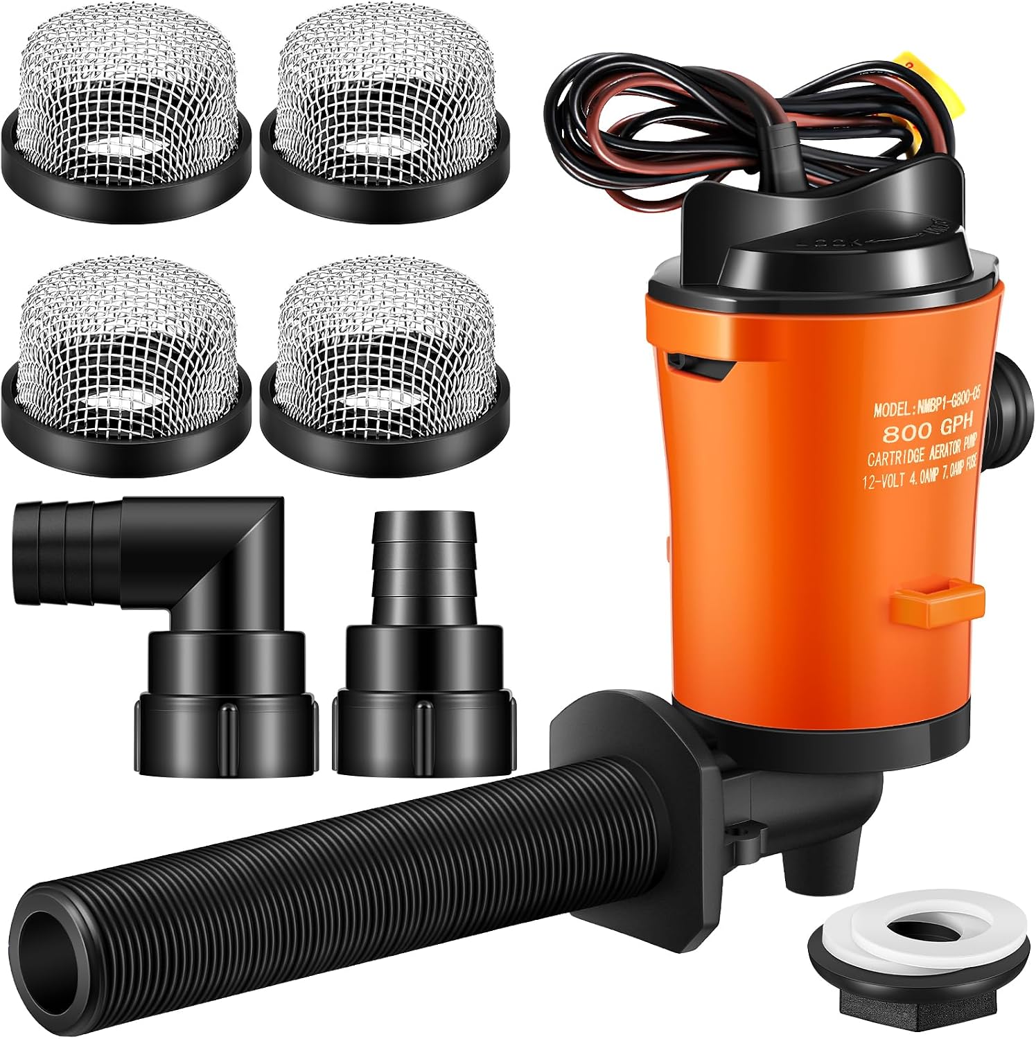 Retisee 12V 800GPH Livewell Pump Kit for Boat Aerator Pump with 4 3/4'' Stainless Steel Mesh Strainer Marine Baitwell Replacement for Fishing Tank Submersible Cartridge Aerator Boat Marine Yacht
