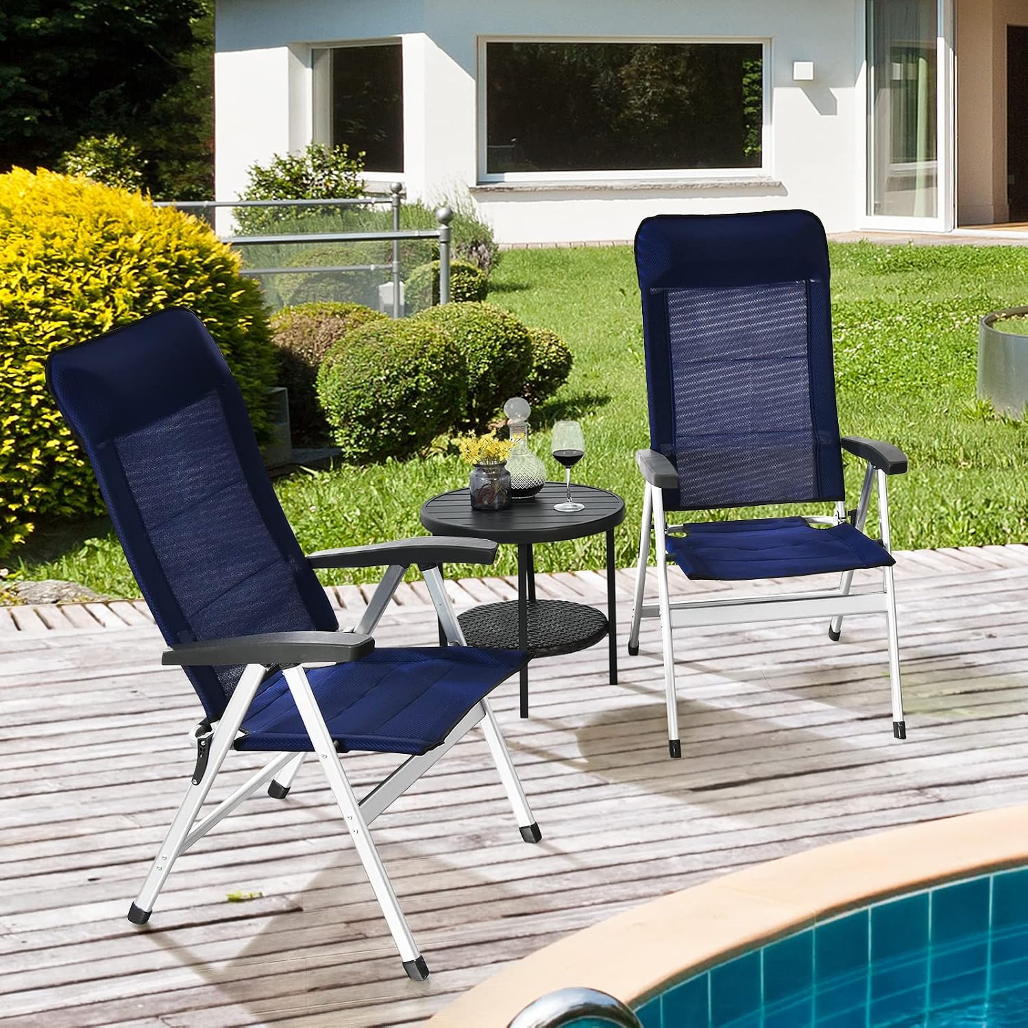 Tangkula Set of 2 Patio Folding Chairs, Portable Reclining Chairs with 7-Position Adjustable Back & Padded Headrest, Outdoor Indoor High Back Chaise Lounge Armchair for Poolside, Yard, Lawn, Navy - Image 2