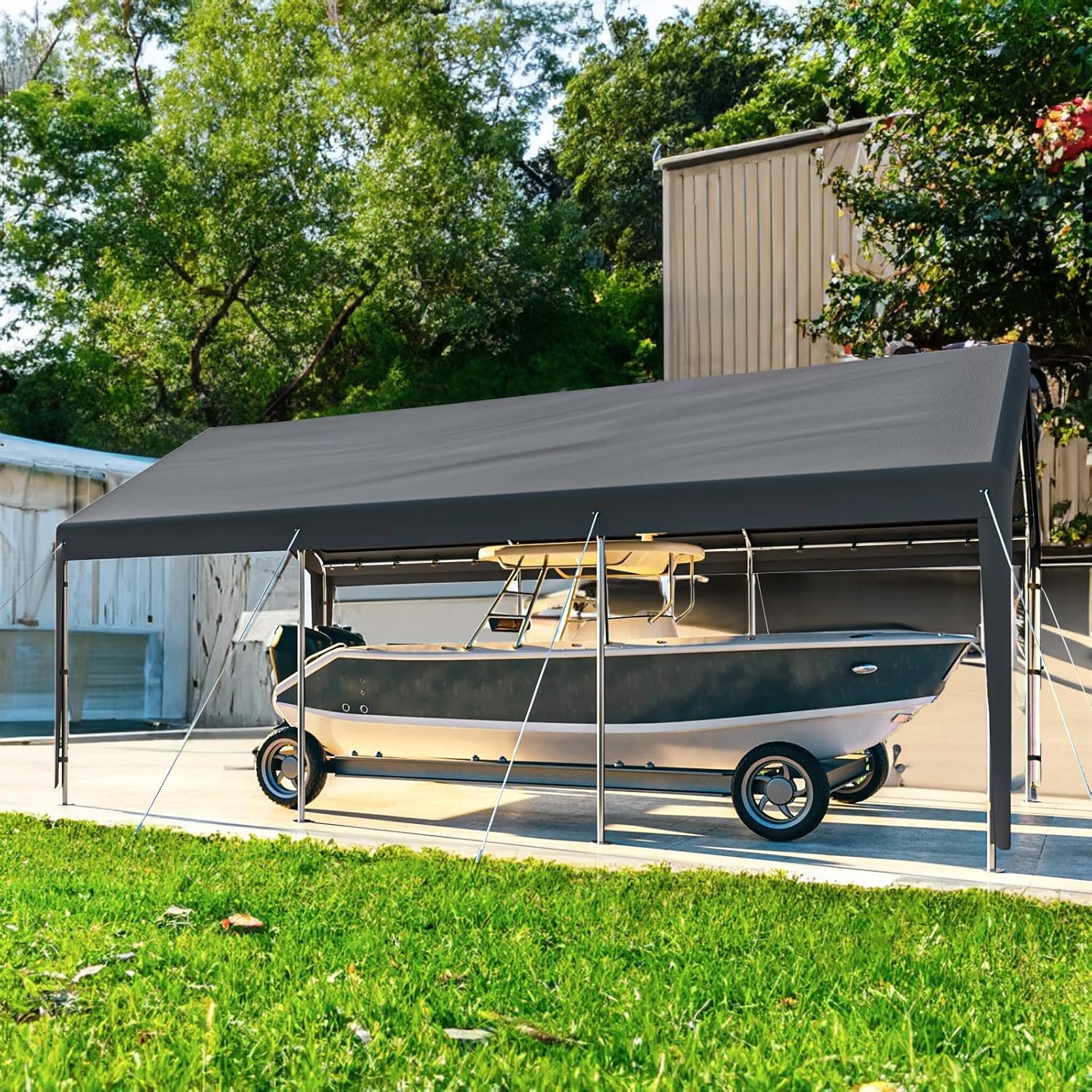 Carport 10x20 Ft Heavy Duty Canopy Steel Canopy Storage Shed,Portable Garage Party Tent,Portable Garage with Removable Sidewalls & Doors All-Season Tarp for Carport (Grey) - Image 9