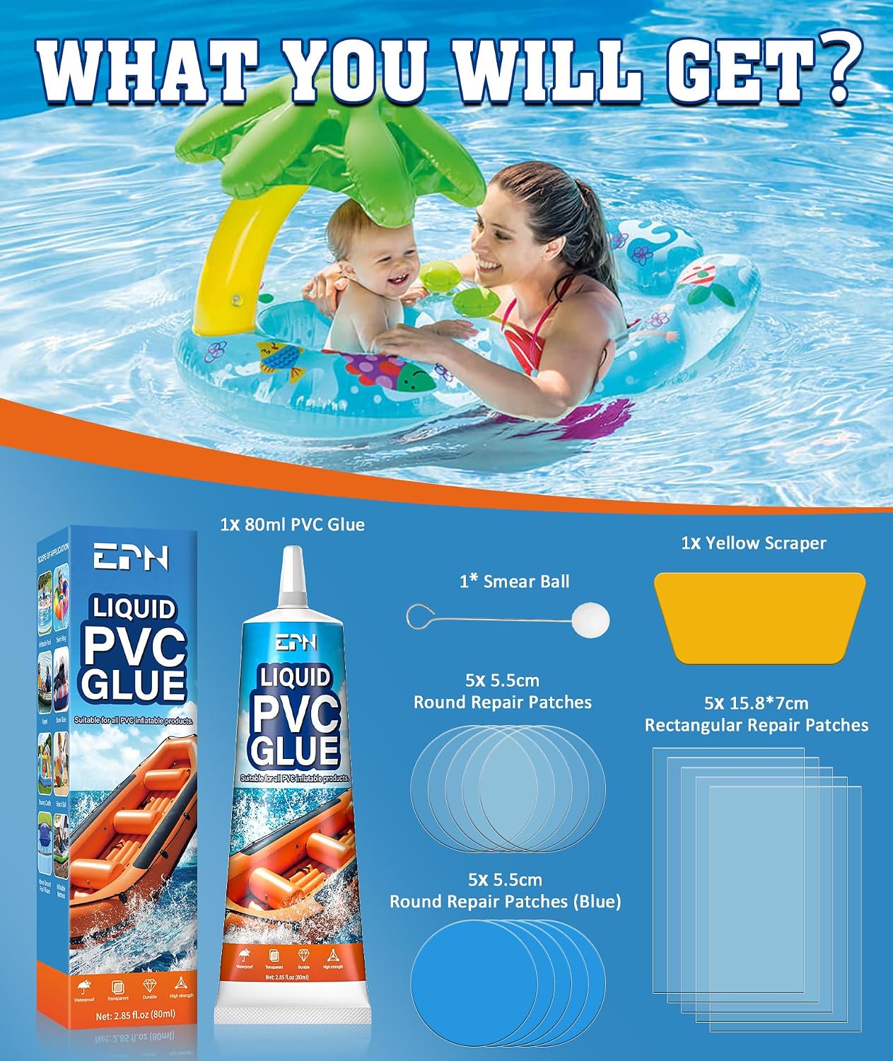 EPN Air Mattress Patch Kit, Waterproof Vinyl Pool Liner Repair Kit for Inflatables, Air Mattress, Swimming Ring, Tent, Bounce House, Inflatable Toys, Hot Tub, PVC Boat, Raft, Kayak (80 ML) - Image 7
