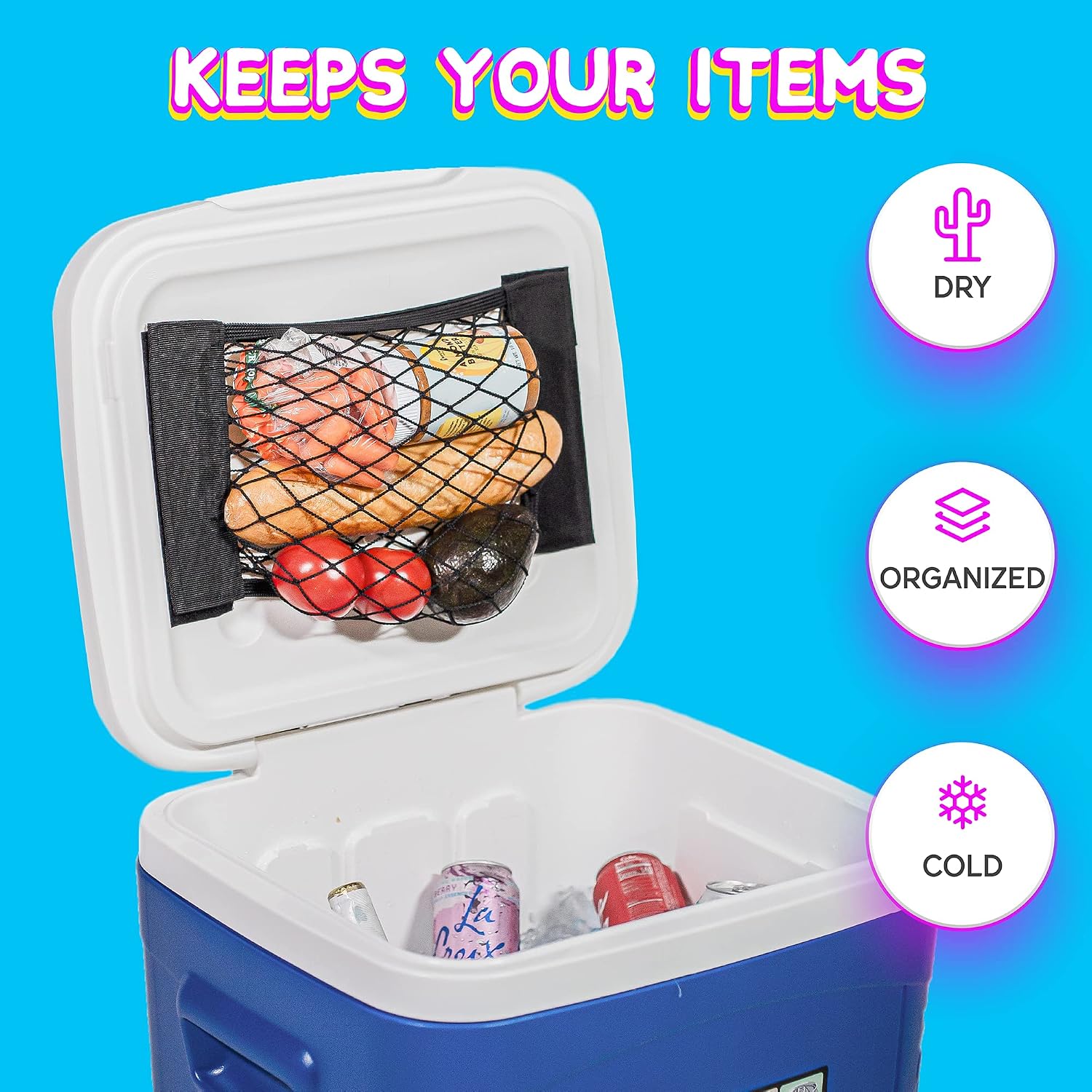 Cooler Net for Dry Storage and Organization - Compatible with YETI, RTIC, Ninja, Igloo, Coleman, Lifetime, Pelican Ice Chests - Works with Cooler Lights, Wheel Kits, RTIC Cooler Accessories, and More - Image 2