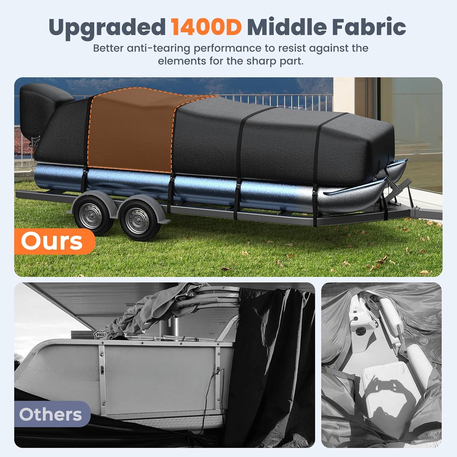 RVMasking Pontoon Boat Cover with Motor Cover, 1400D Heavy Duty Middle Reinforced, Marine Grade Waterproof Boat Cover for Length: 21'-24', Beam Width up to 102", Black - Image 5