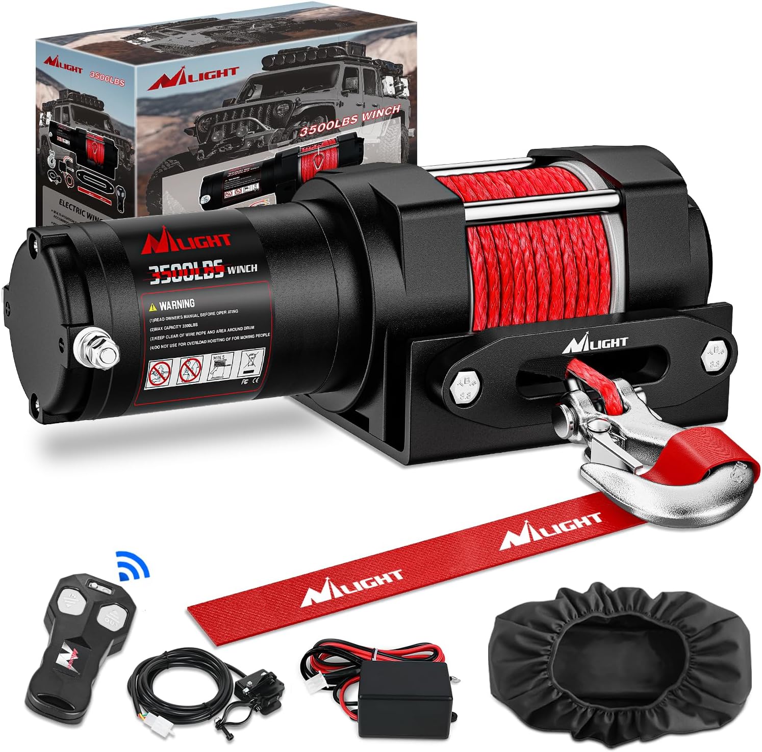 Nilight 3500 lbs ATV Winch 12V Electric Winches With Synthetic Winch Rope Wireless Remote Wired Switch Fairlead Mounting Plate Portable Waterproof Winch for Towing ATV UTV Trailer Truck Jeep Offroad