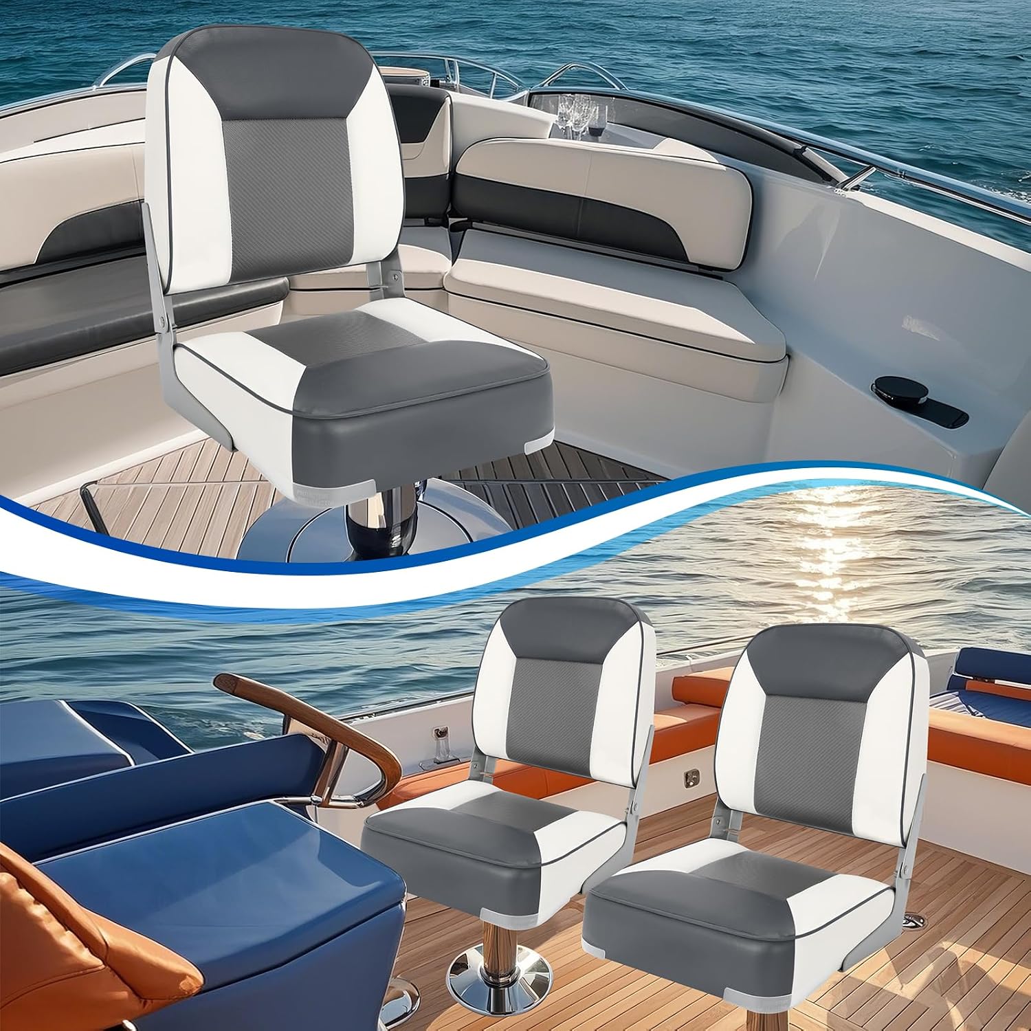 Boat Seats 2 Pack, Skureay Low/High Back Fishing Folding Boat Seat Waterproof Captain Boat Chair,Boatseat 2 Pack Suitable for Jon/Pontoon/Canoe/Bass Tracker Boat seats-UNIQUE Color Design (Gray/White) - Image 7
