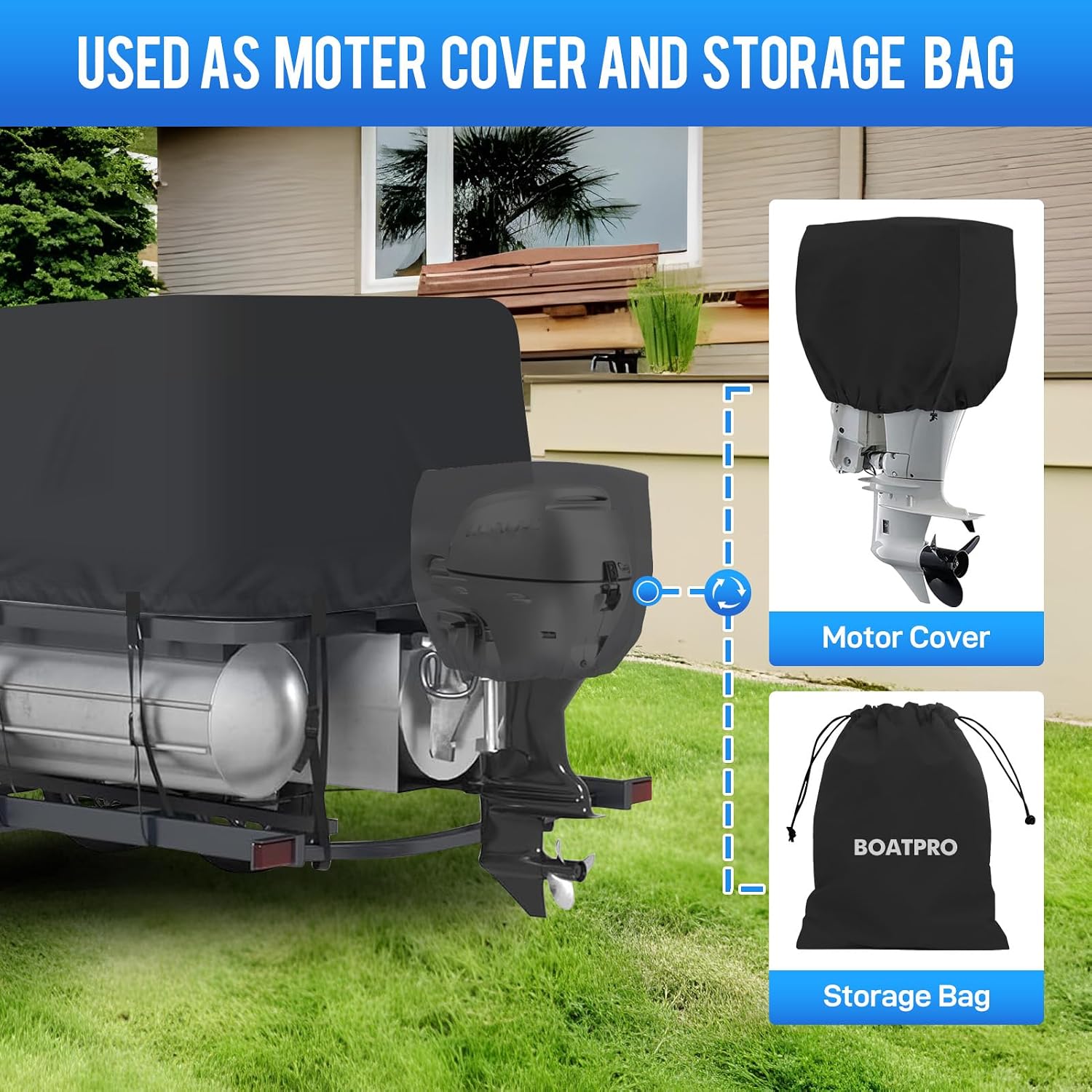 Pontoon Boat Cover 16-18 ft, 1200D Heavy Duty Waterproof Trailerable Cover for Pontoon Boats Up to 8 ft Beam, 12 Straps, Elastic Hem &Outboard Motor Cover, Black - Image 5