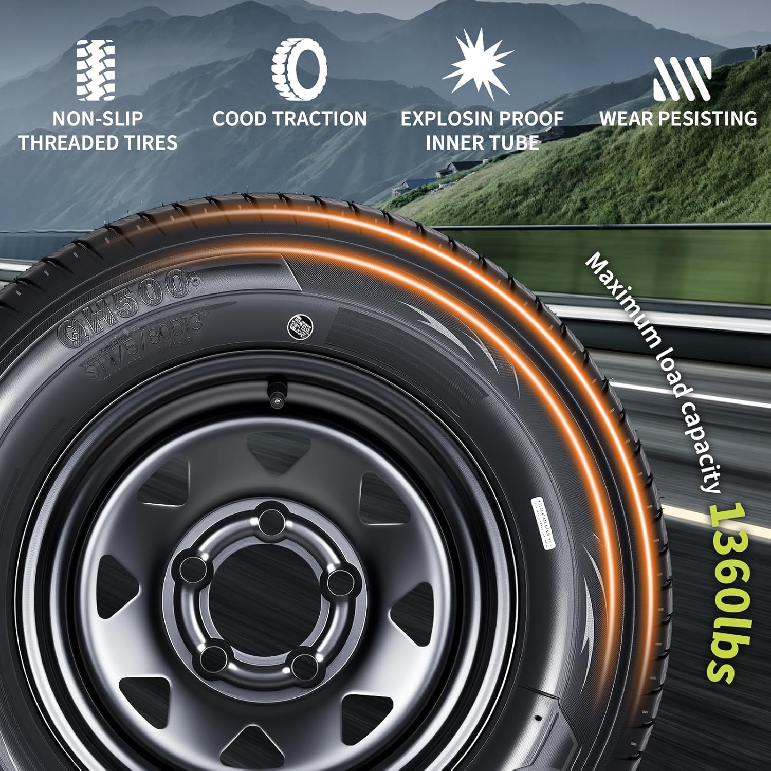GarveeTech 2-Pack Trailer Tire On Rim ST175/80D13 Trailer Tires and Wheels 5 Lug on 4.5 in PCD Trailer Tires with 13 in Rims Load Range C 6PR Black | ST175/80D13 Trailer Tires and Wheels 5 Lug on 4.5 in PCD Trailer Tires with 13 in Rims Load Range C 6PR Black - Image 7