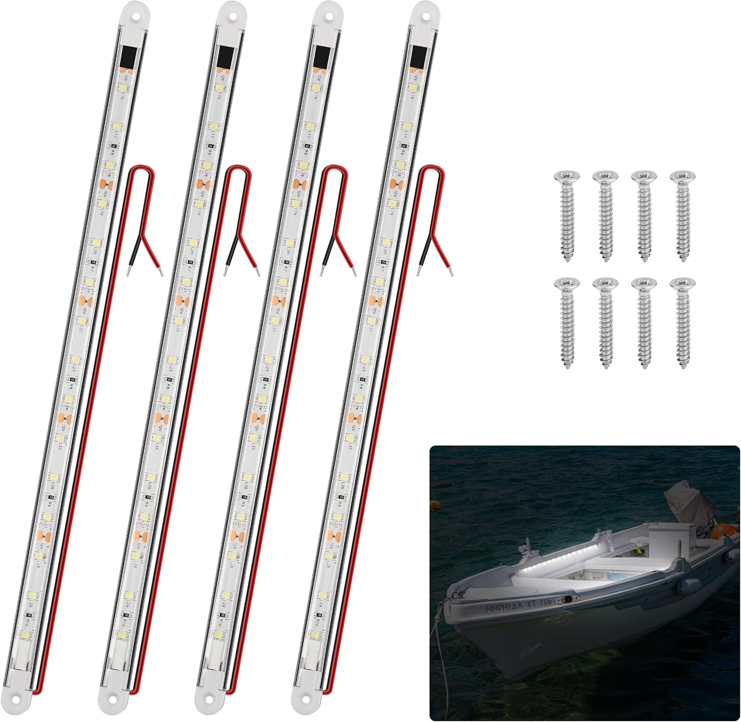 RVZONE LED Boat Interior Lights, Boat Led Strip Lights Marine Waterproof Marine Lighting Strip Night Fishing Lighting for Pontoon, Dinghy, Kayak, Yacht,4 Pcs, White