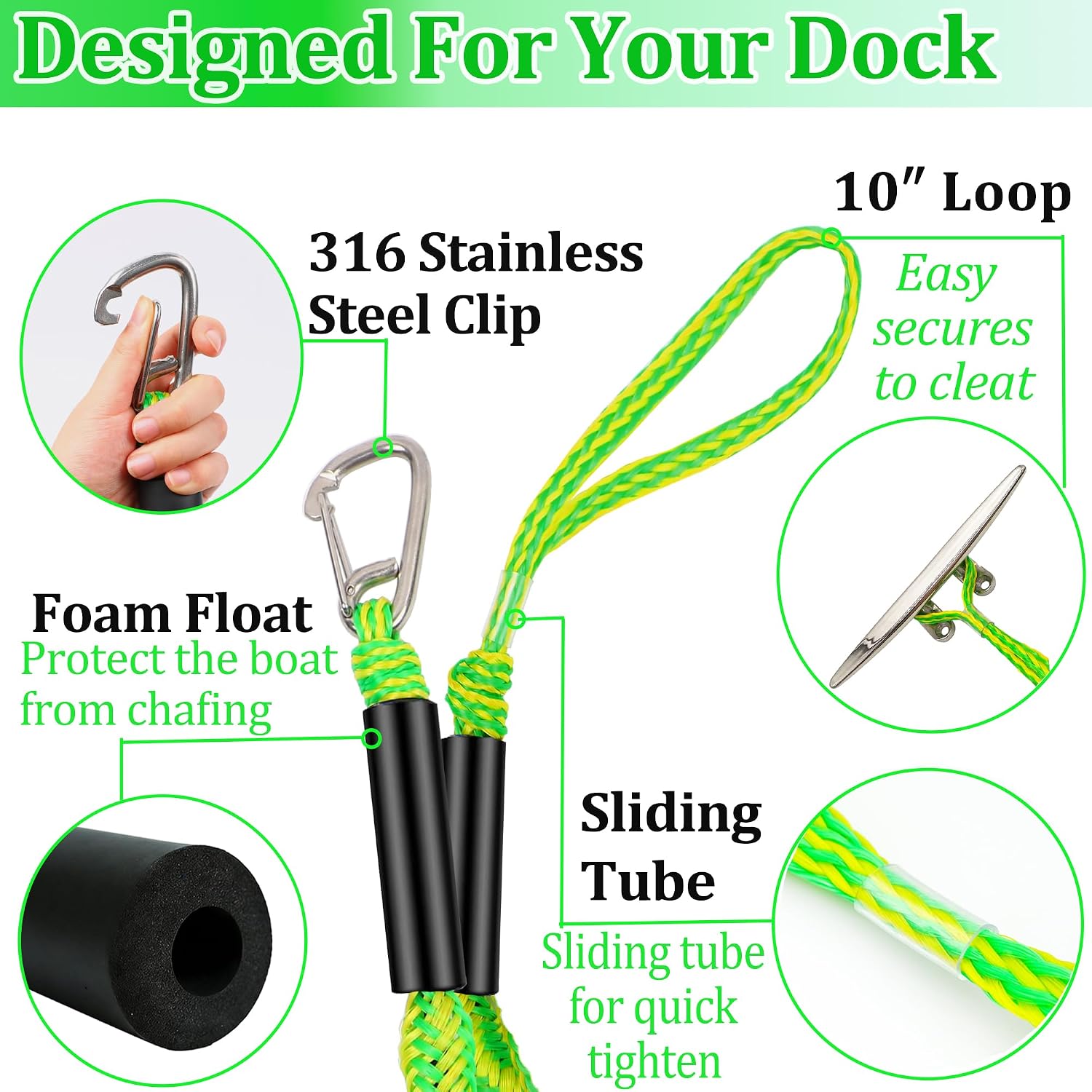 Boat Dock Lines - 3ft Mooring Ropes with Clip, Boating Docking Ties, Boat Accessories for SeaDoo/Waverunner, Kayak, Pontoon, Dinghy & Small Boats(2-Pack) (Green&Yellow) - Image 4