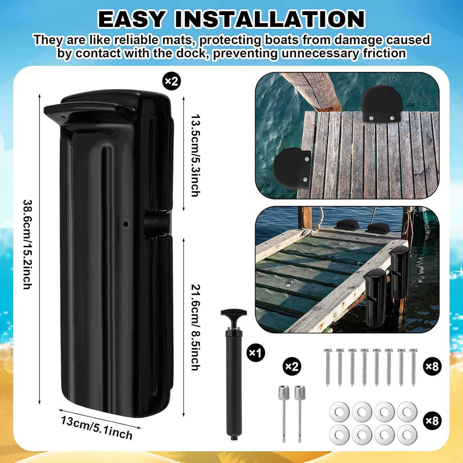 DaisyInner Dock Bumpers Fenders for Edging Docking Inflatable Corner Boat Fenders with Pump and Mounting Hardware for Straight-Edge Side Marine Bumpers for Buoy Pontoon Protector - Image 2