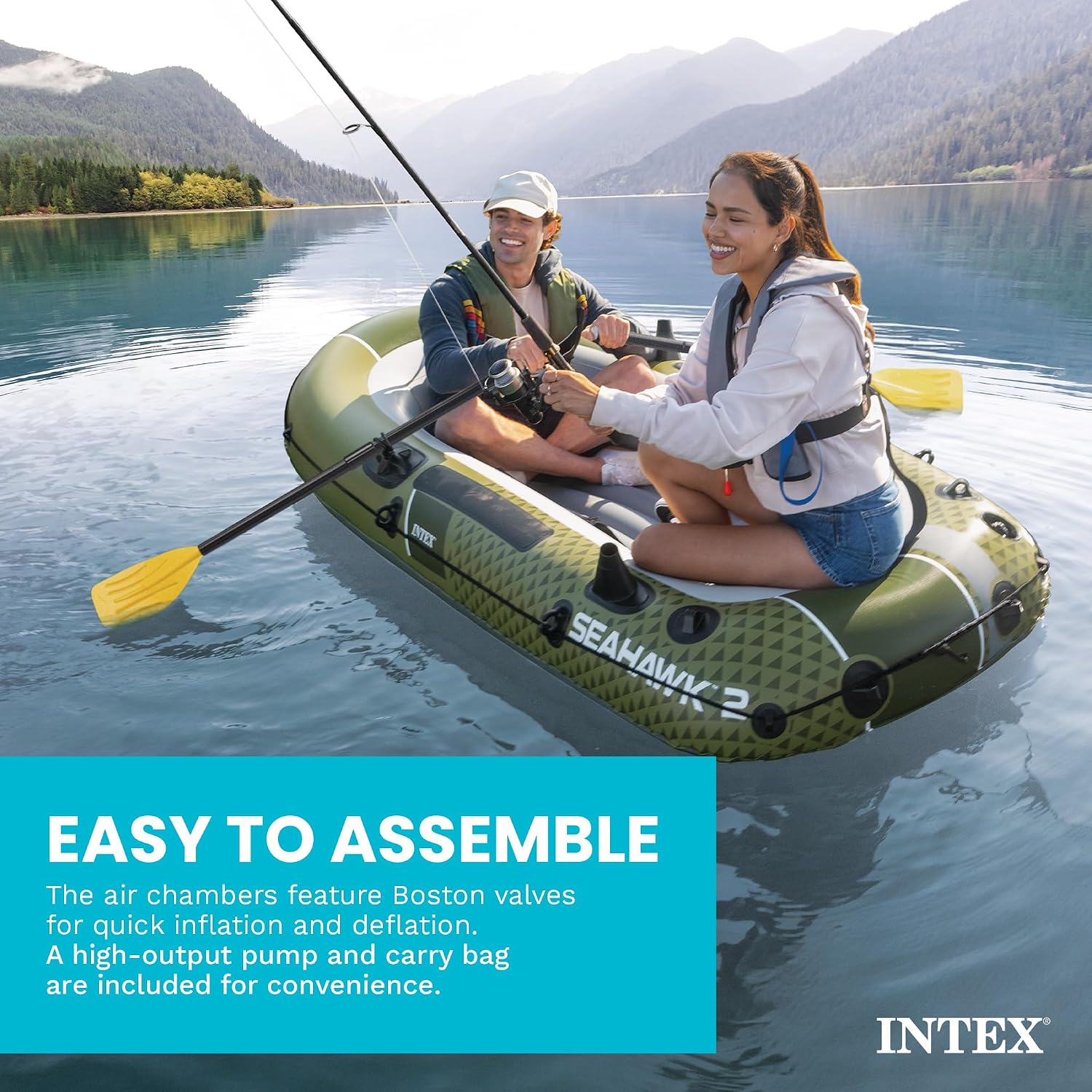 INTEX Seahawk Inflatable Boat Series: Includes Boat Oars and High-Output Pump - Fishing Rod Holders - Gear Pouch - Image 7