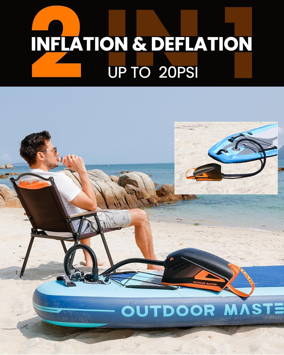 OutdoorMaster Shark 3 Paddle Board Pump Electric - 3'50" Fast Inflation, 20PSI 74Wh Rechargeable SUP Air Pump- Auto-Off & Deflation, 12V/15.8V DC & Type-C Input, 8 Nozzles for Inflatables, Boats,Kites - Image 3