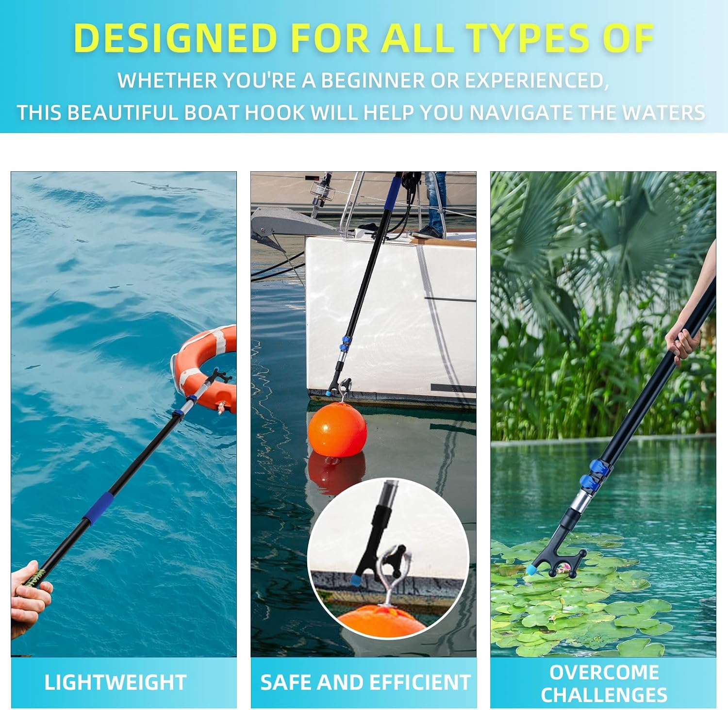 Telescoping Boat Hook for Docking, Non-Slip Rubber Tip, 3-Stage Anodized Aluminum Pole, Floating, Lightweight & Durable, Scratch-Resistant & Rustproof, 3/4" Threaded End for Push Pull Boating - Image 5