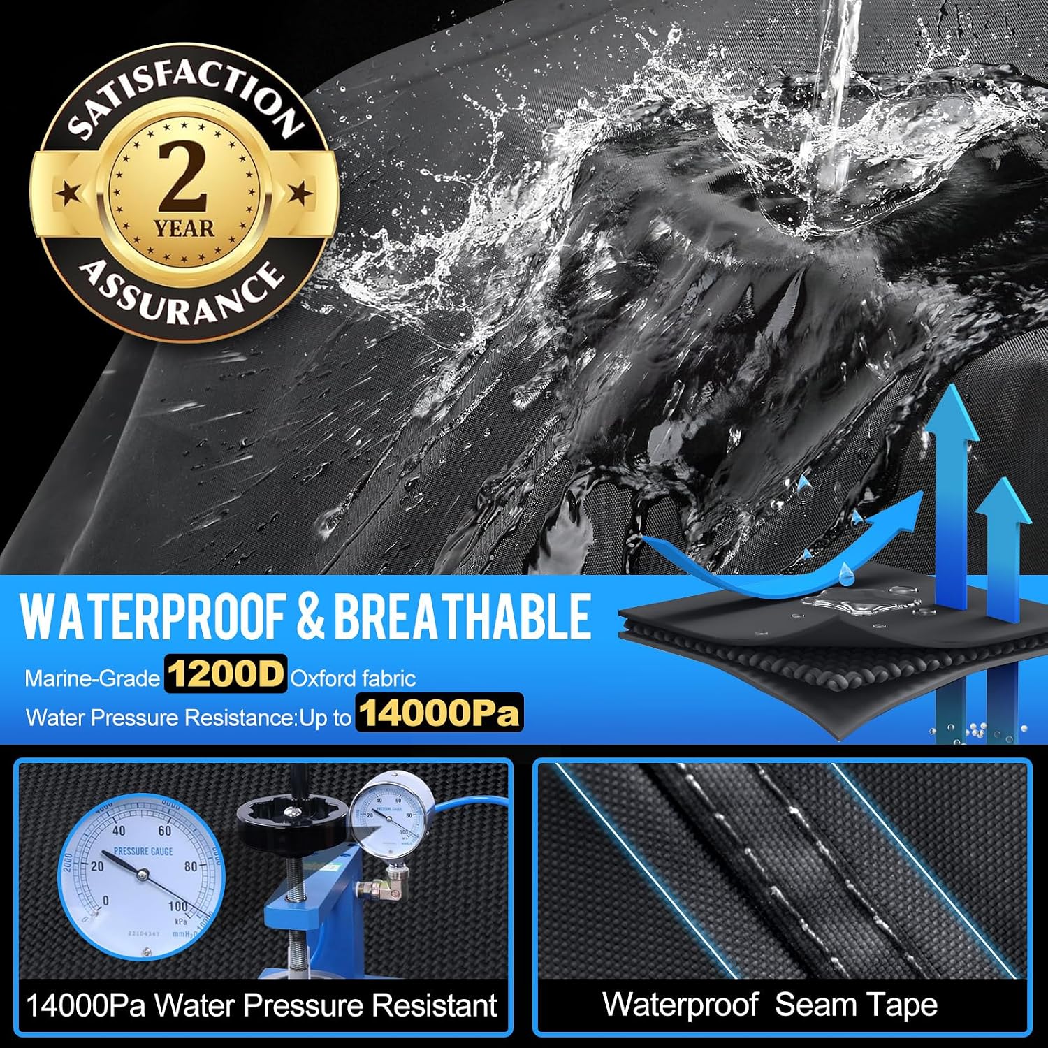 Pontoon Boat Cover 16-18 ft, 1200D Heavy Duty Waterproof Trailerable Cover for Pontoon Boats Up to 8 ft Beam, 12 Straps, Elastic Hem &Outboard Motor Cover, Black - Image 2
