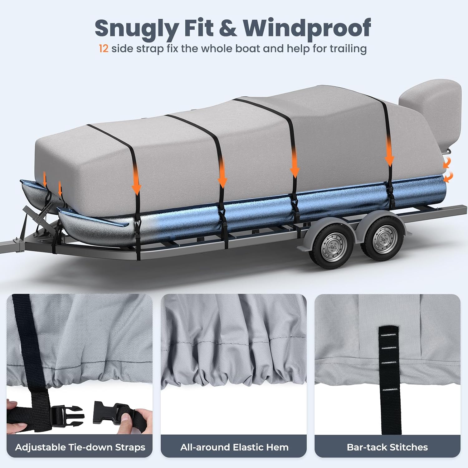 RVMasking Pontoon Boat Cover with Motor Cover, 1400D Heavy Duty Middle Reinforced, Marine Grade Waterproof Boat Cover for Length: 21'-24', Beam Width up to 102", Gray - Image 6