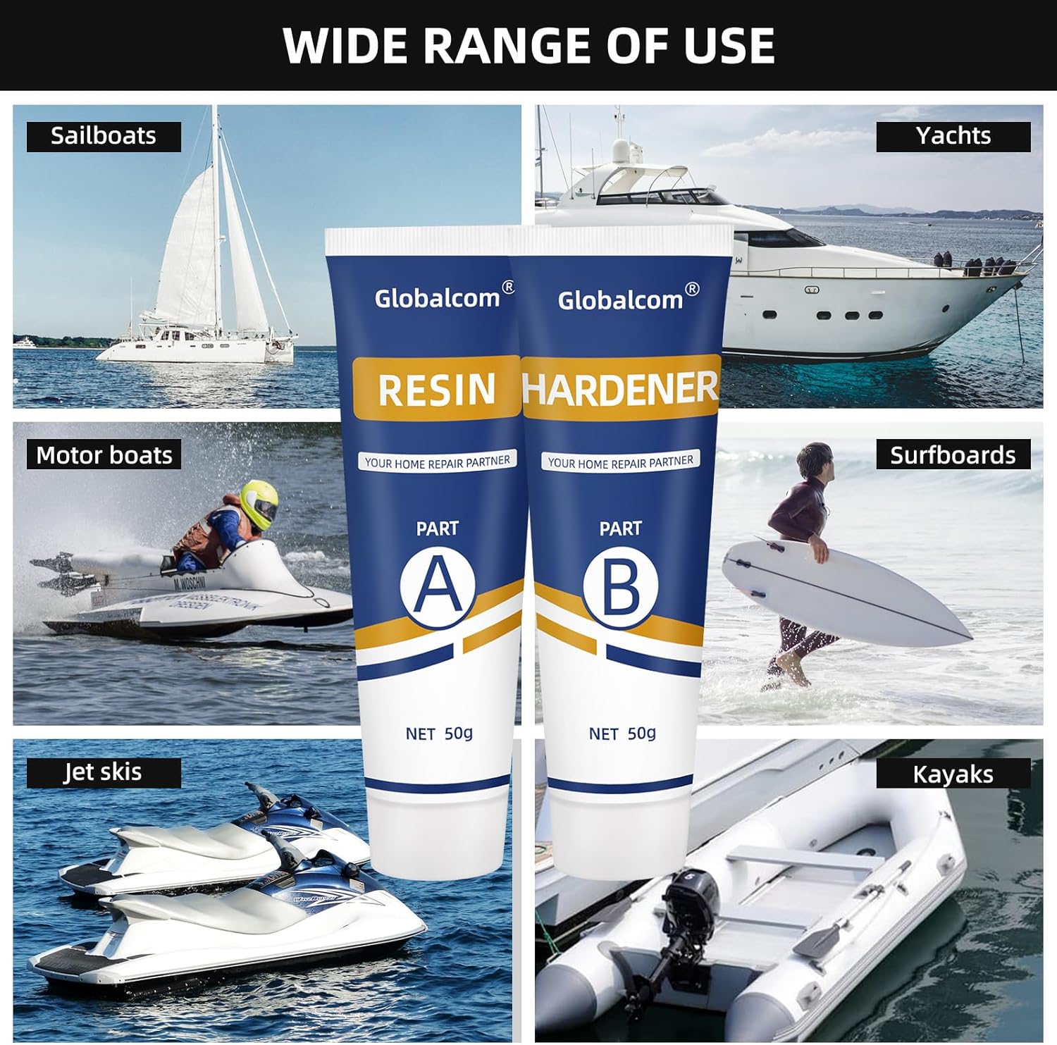 Globalcom Fiberglass Boat Repair Kit White, Gel Coat Repair Kit for Boats, Marine Fiberglass Repair Kit for Boats, Epoxy Filler for Boats, Fiberglass Repair Kit Fix Holes Chips Pit Cracks - Image 2