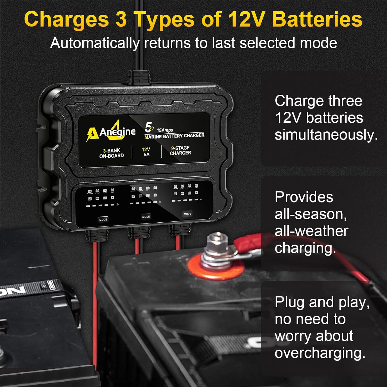 3 Bank Marine Battery Charger, 12V (5A/Bank) IP68 Waterproof LCD Onboard Battery Charger with Overcharge Protection & Temperature Compensation- for Lead-Acid, AGM, EFB, LiFePO4, Lithium, Boat, Car, RV - Image 2