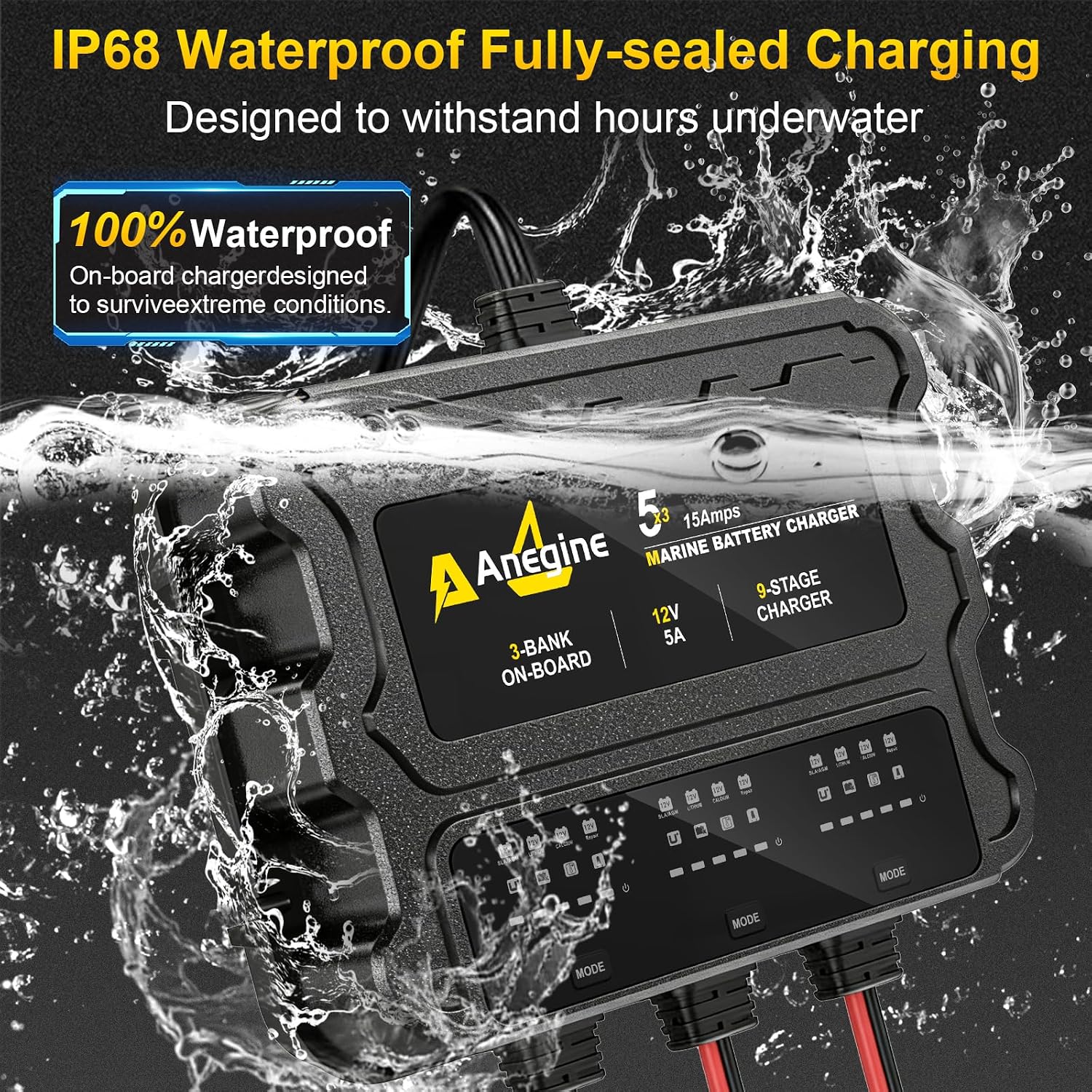 3 Bank Marine Battery Charger, 12V (5A/Bank) IP68 Waterproof LCD Onboard Battery Charger with Overcharge Protection & Temperature Compensation- for Lead-Acid, AGM, EFB, LiFePO4, Lithium, Boat, Car, RV - Image 4