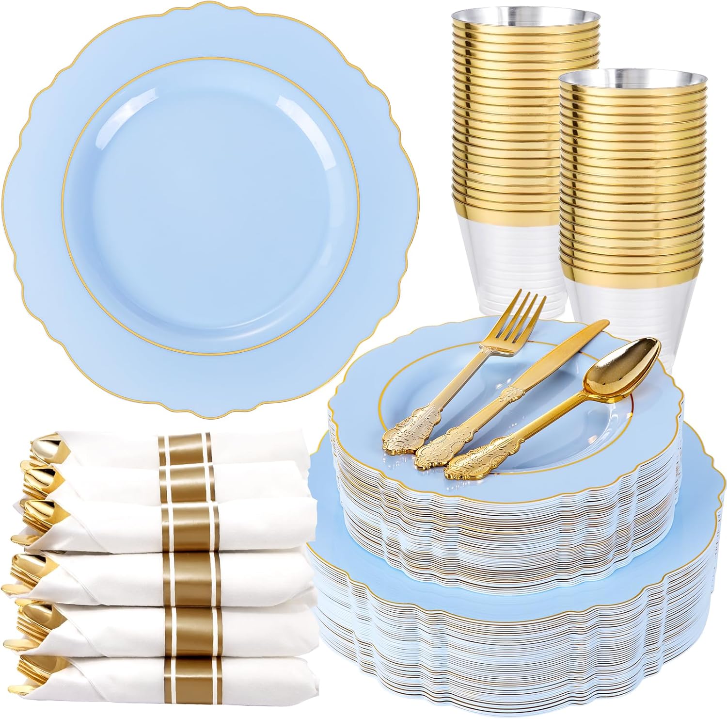 Liacere 350PCS Blue Plastic Plates - Disposable Blue and Gold Plates 50guest Baroque Plastic Dinnerware include 100Plates, 50Pack Pre Rolled Napkins with Silverware 50Cups for Wedding&Party