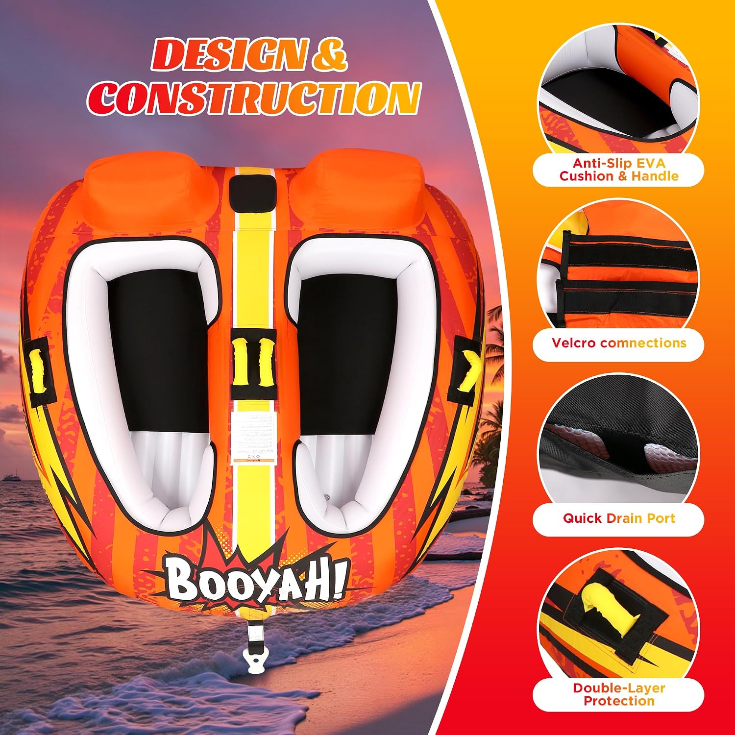 Towable Tubes for Boating Water Tubes - 2 Person Soaring Eagle, Heavy Duty Boat Tubes & Towables, EVA Foam Pads, Drainage, Quick Connector(F-1007)(F-1020) - Image 3