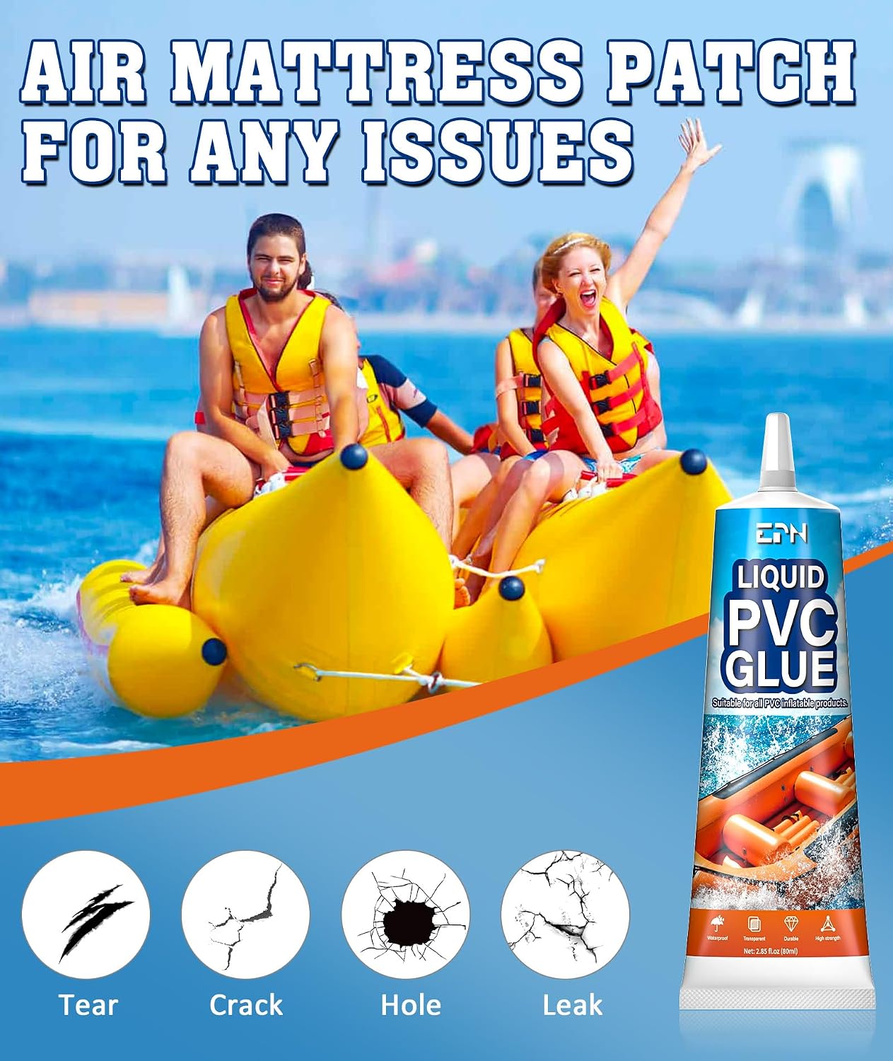 EPN Air Mattress Patch Kit, Waterproof Vinyl Pool Liner Repair Kit for Inflatables, Air Mattress, Swimming Ring, Tent, Bounce House, Inflatable Toys, Hot Tub, PVC Boat, Raft, Kayak (80 ML) - Image 2