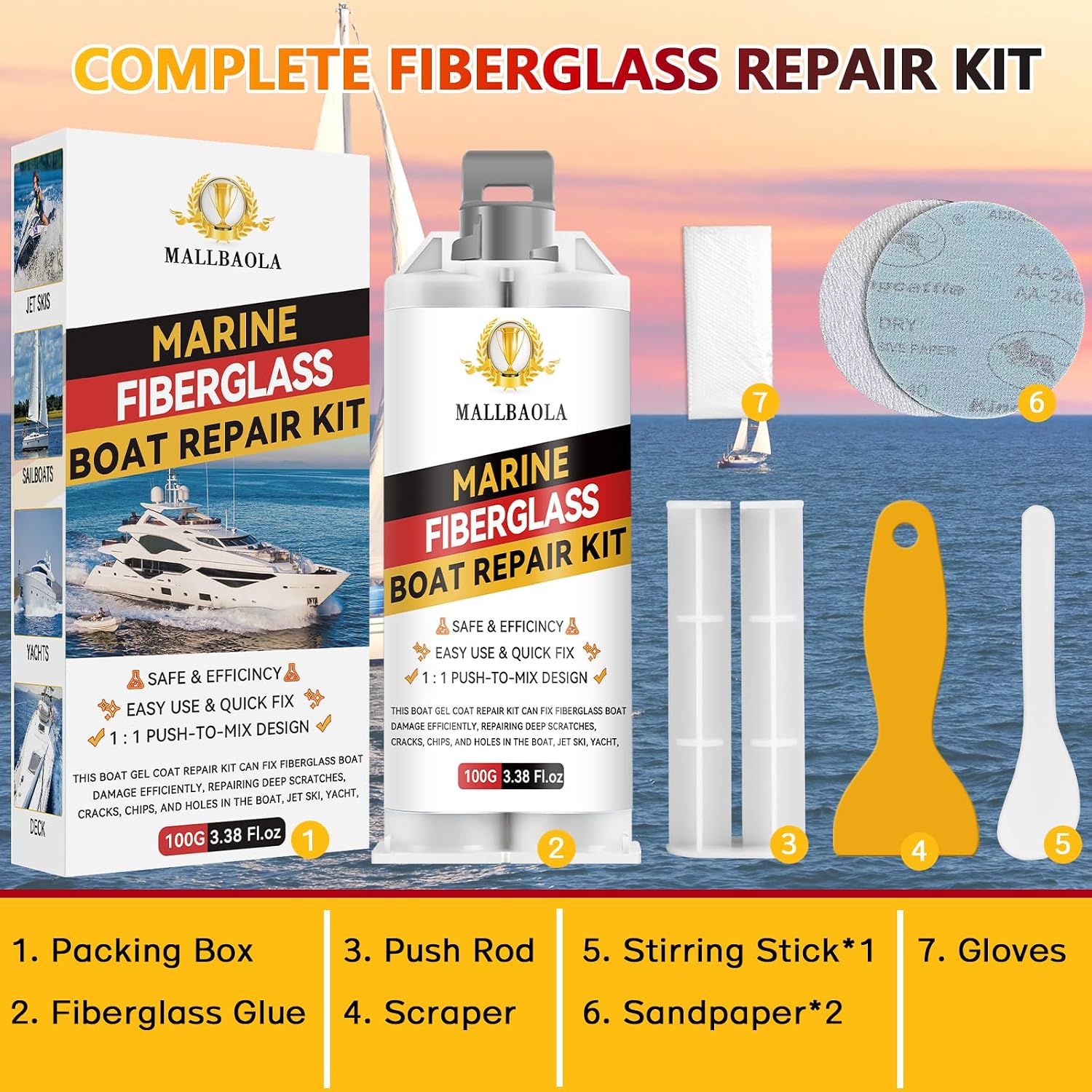 Marine Fiberglass Repair Kit for Boats, Gel Coat Repair Kit for Boats, Epoxy Filler for Fiberglass Boats Fix Holes, Chips and Deep Cracks, Gelcoat repair kit for Fiberglass, Acrylic, Porcelain(White) - Image 7