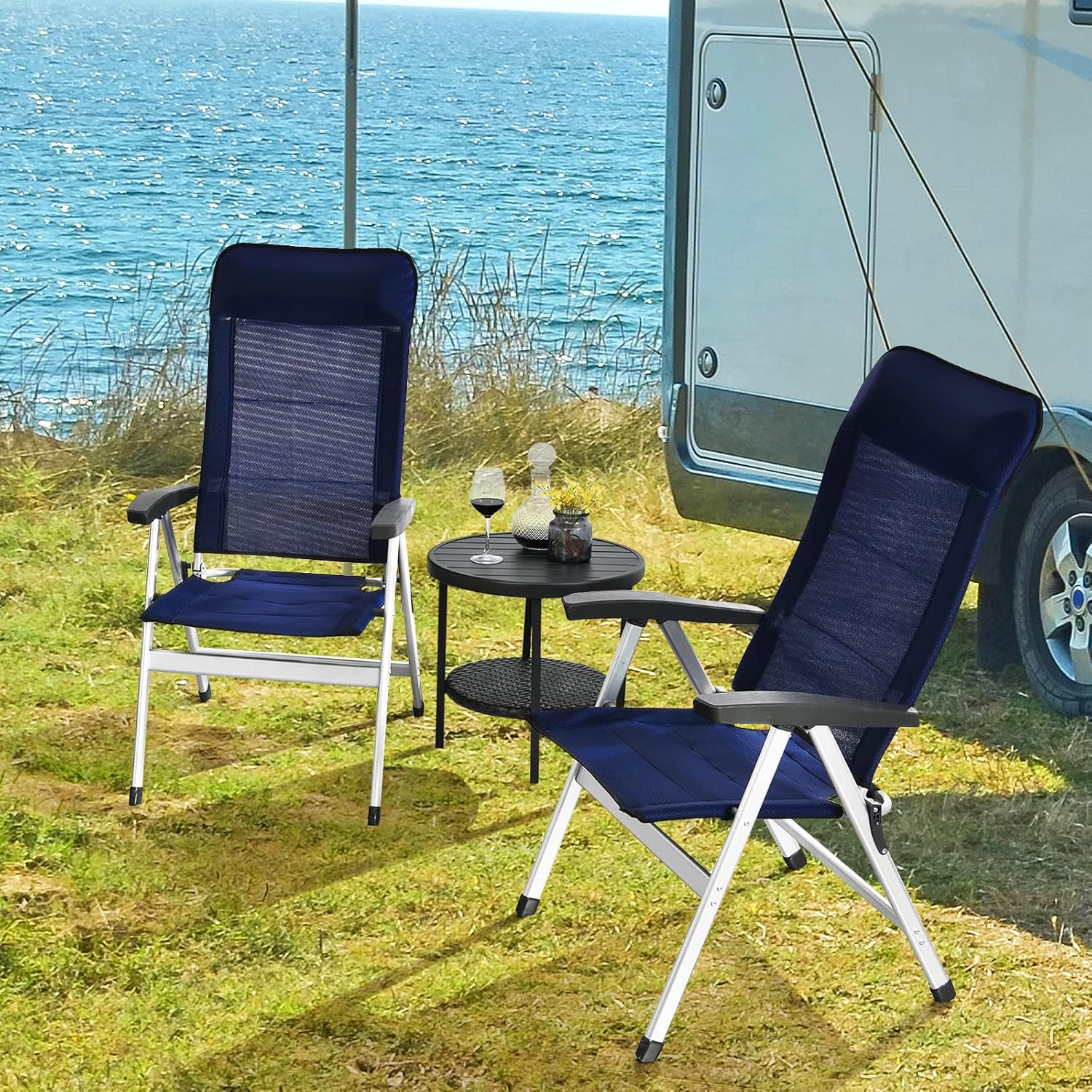 Tangkula Set of 2 Patio Folding Chairs, Portable Reclining Chairs with 7-Position Adjustable Back & Padded Headrest, Outdoor Indoor High Back Chaise Lounge Armchair for Poolside, Yard, Lawn, Navy - Image 4