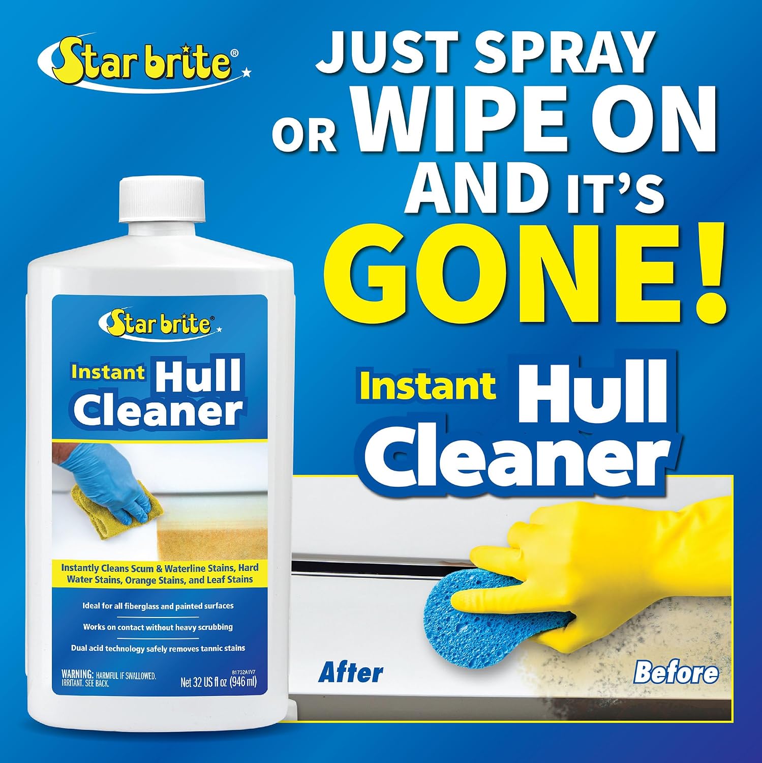 STAR BRITE Instant Hull Cleaner - Easily Remove Stains, Scum Lines & Grime for Boat Hulls, Fiberglass, Plastic & Painted Surfaces - Wipe On, Rinse Off Formula 32 Ounces (081732) - Image 3