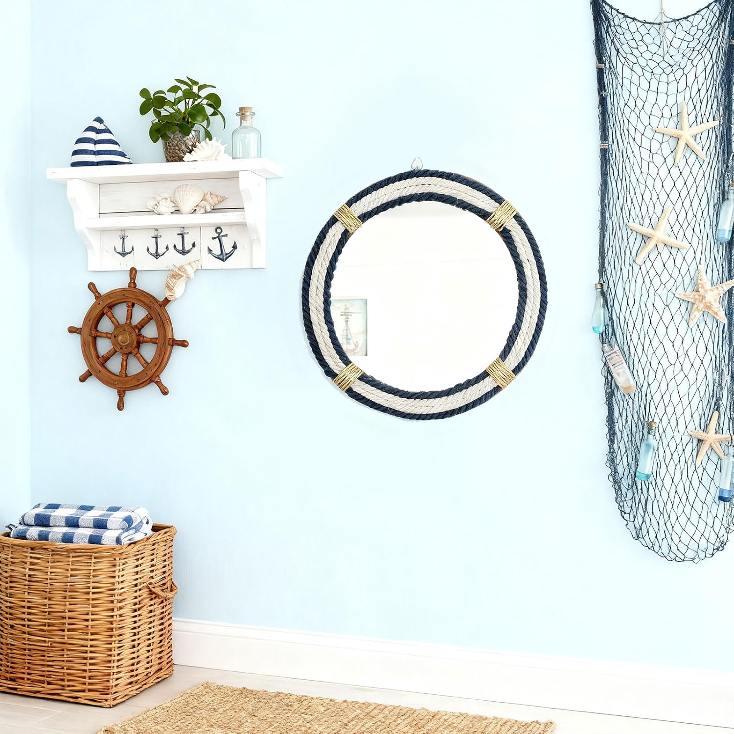 Vercraft Nautical Coastal Mirror 16" Wall Decor with Rope Wrapped Trim and Hanging Loop Round Circle Nursery Mirror Nautical Boho Rustic Decorative for Living Room, Bedroom Blue and White - Image 6