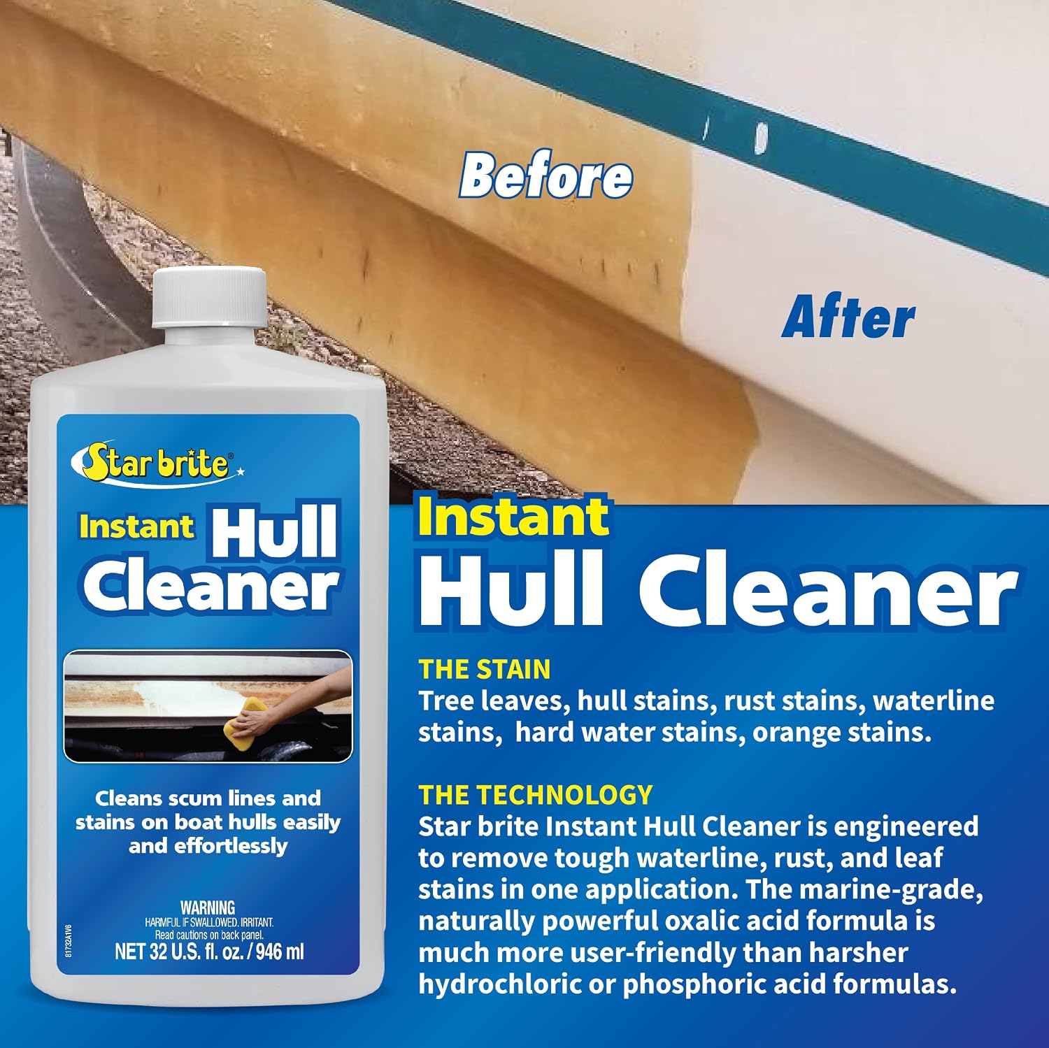 STAR BRITE Instant Hull Cleaner - Easily Remove Stains, Scum Lines & Grime for Boat Hulls, Fiberglass, Plastic & Painted Surfaces - Wipe On, Rinse Off Formula 32 Ounces (081732) - Image 7