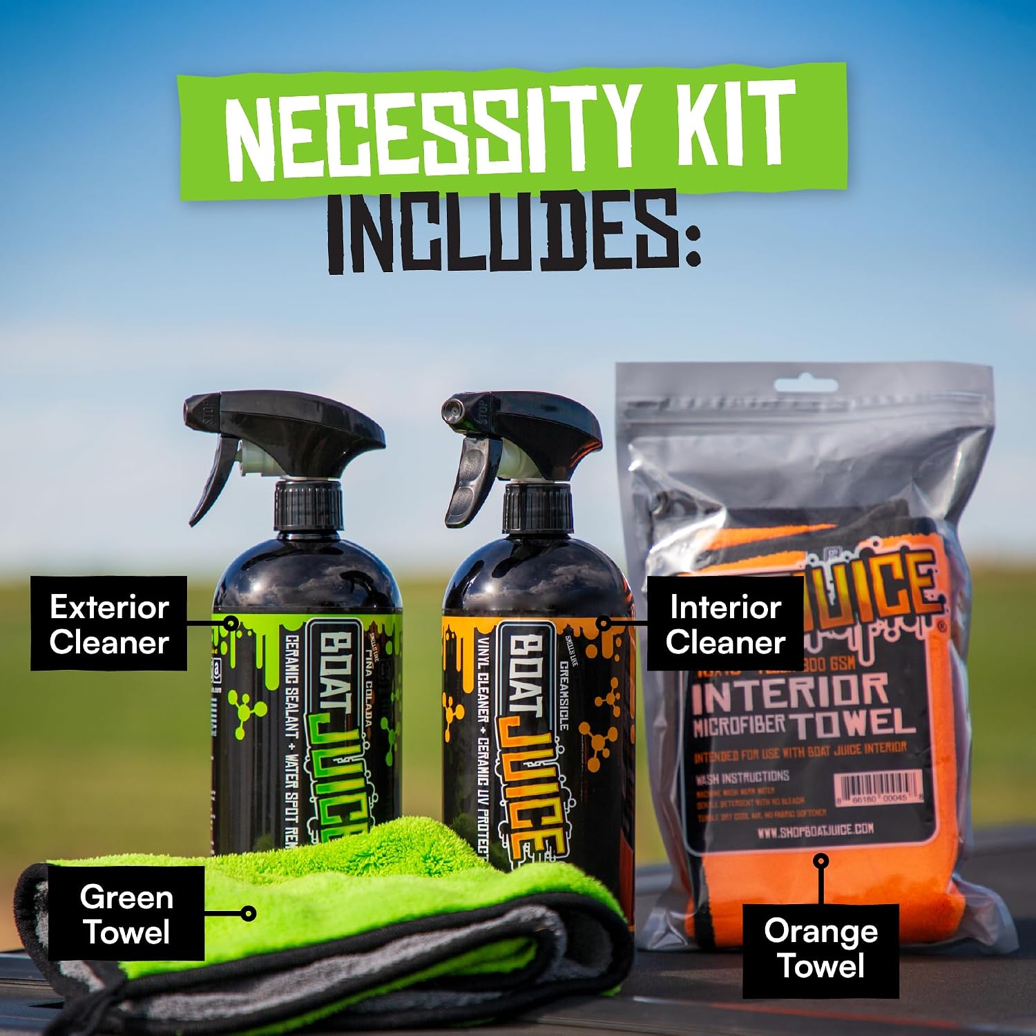 Boat Juice Necessity Boat Cleaner Kit | Exterior Water Spot Remover, Interior Seat & Vinyl Cleaner, 2 Microfiber Towels | Boat Cleaning & Detailing Kit, Marine Accessories | Made in USA (Kit) - Image 2