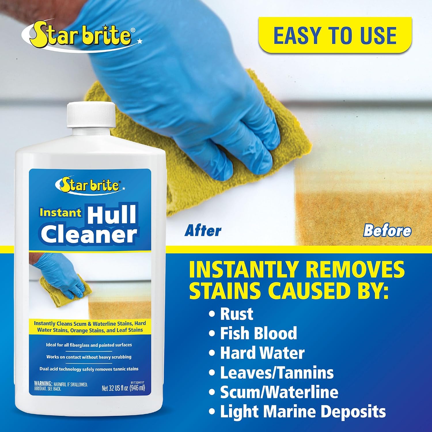 STAR BRITE Instant Hull Cleaner - Easily Remove Stains, Scum Lines & Grime for Boat Hulls, Fiberglass, Plastic & Painted Surfaces - Wipe On, Rinse Off Formula 32 Ounces (081732) - Image 5