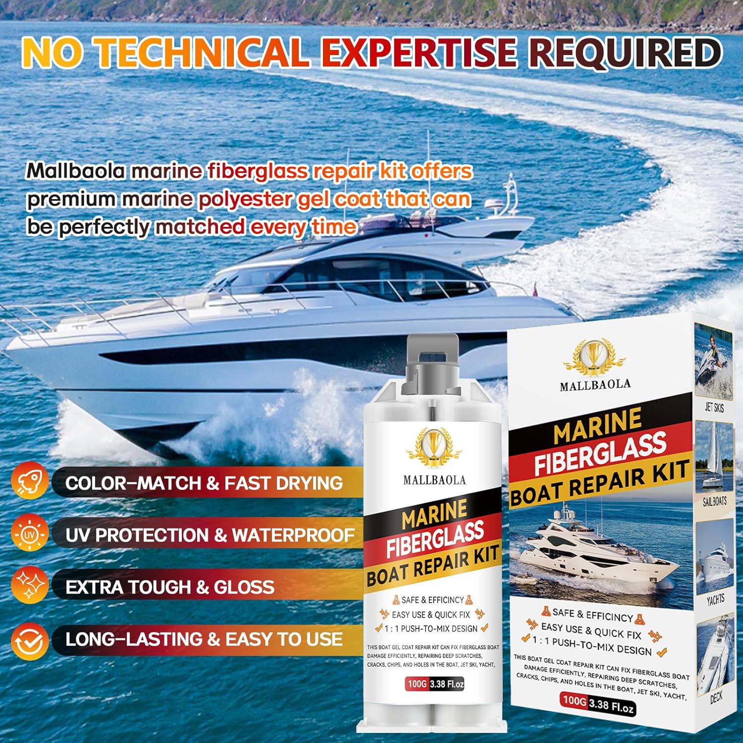 Marine Fiberglass Repair Kit for Boats, Gel Coat Repair Kit for Boats, Epoxy Filler for Fiberglass Boats Fix Holes, Chips and Deep Cracks, Gelcoat repair kit for Fiberglass, Acrylic, Porcelain(White) - Image 6